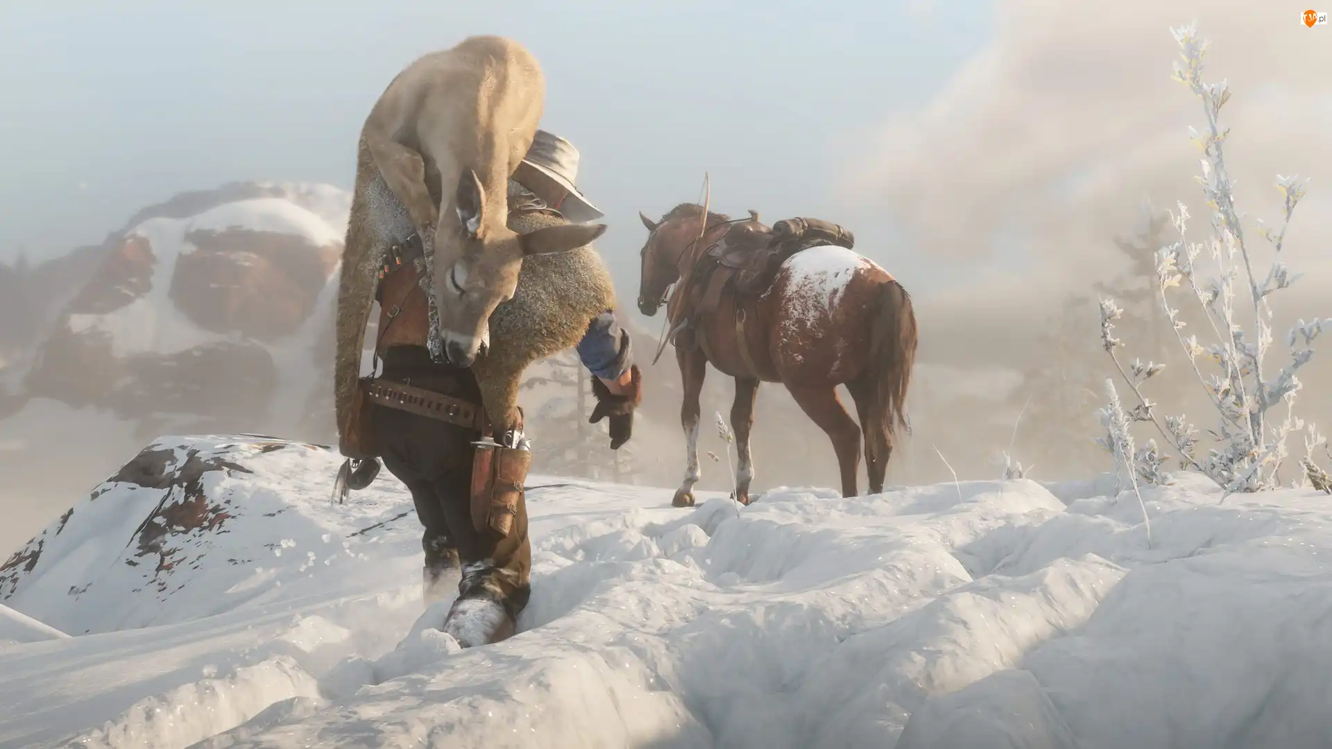 Zima, Red Dead Redemption 2, Śnieg, Sarna, Myśliwy, Mężczyzna, Artur Morgan, Gra, Koń