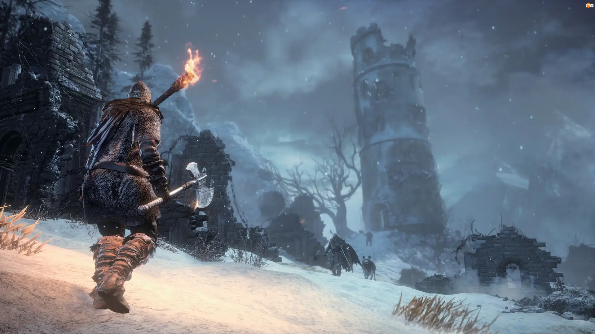 Mgła, Postać, Wieża, Gra, Tasak, Noc, Dark Souls 3, Zima