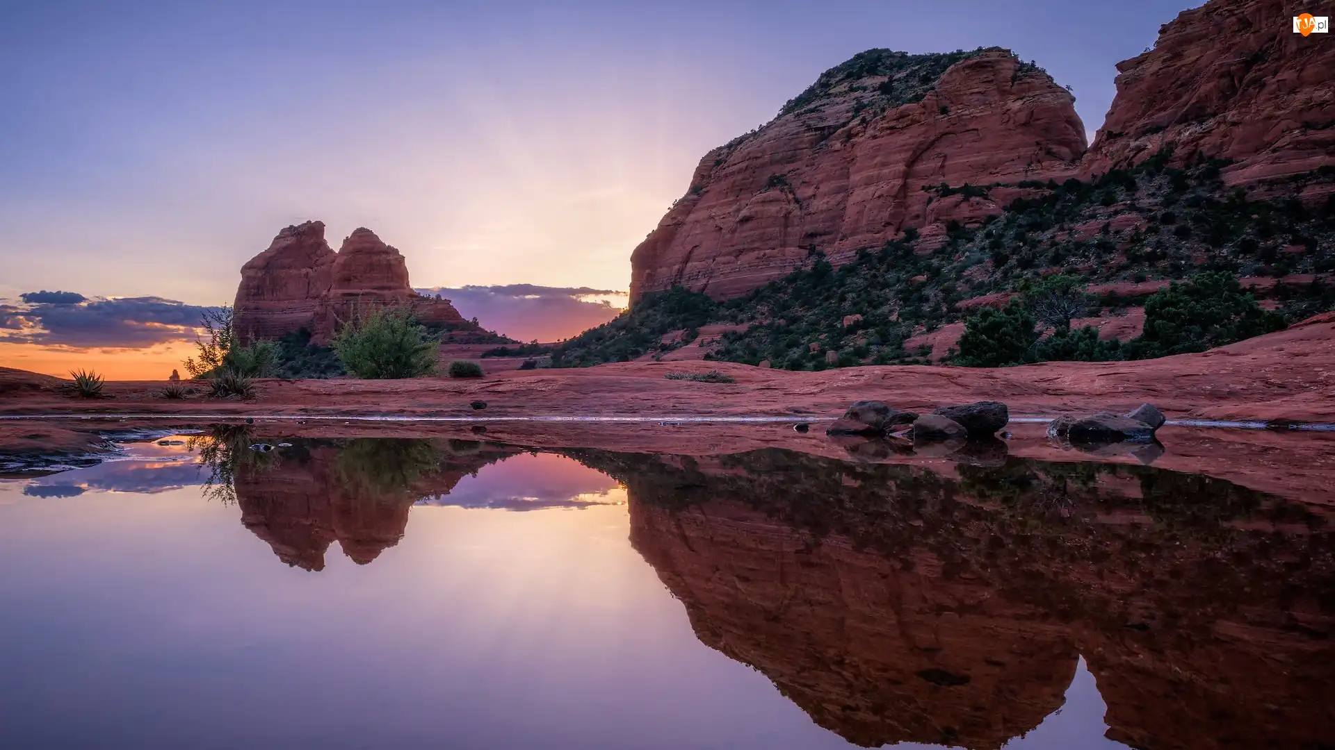 Skały, Kałuża, Stany Zjednoczone, Zachód słońca, Arizona, Sedona, Odbicie