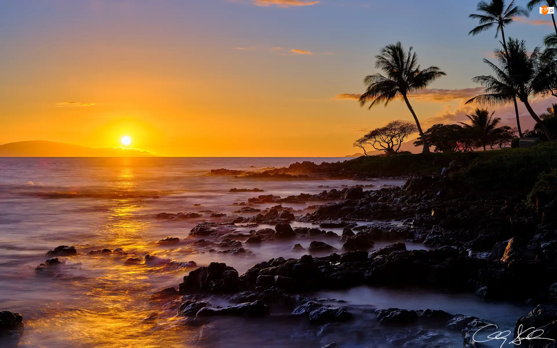 Zachód słońca, Stany Zjednoczone, Wailea, Palmy, Hawaje, Morze, Skały, Wyspa Maui