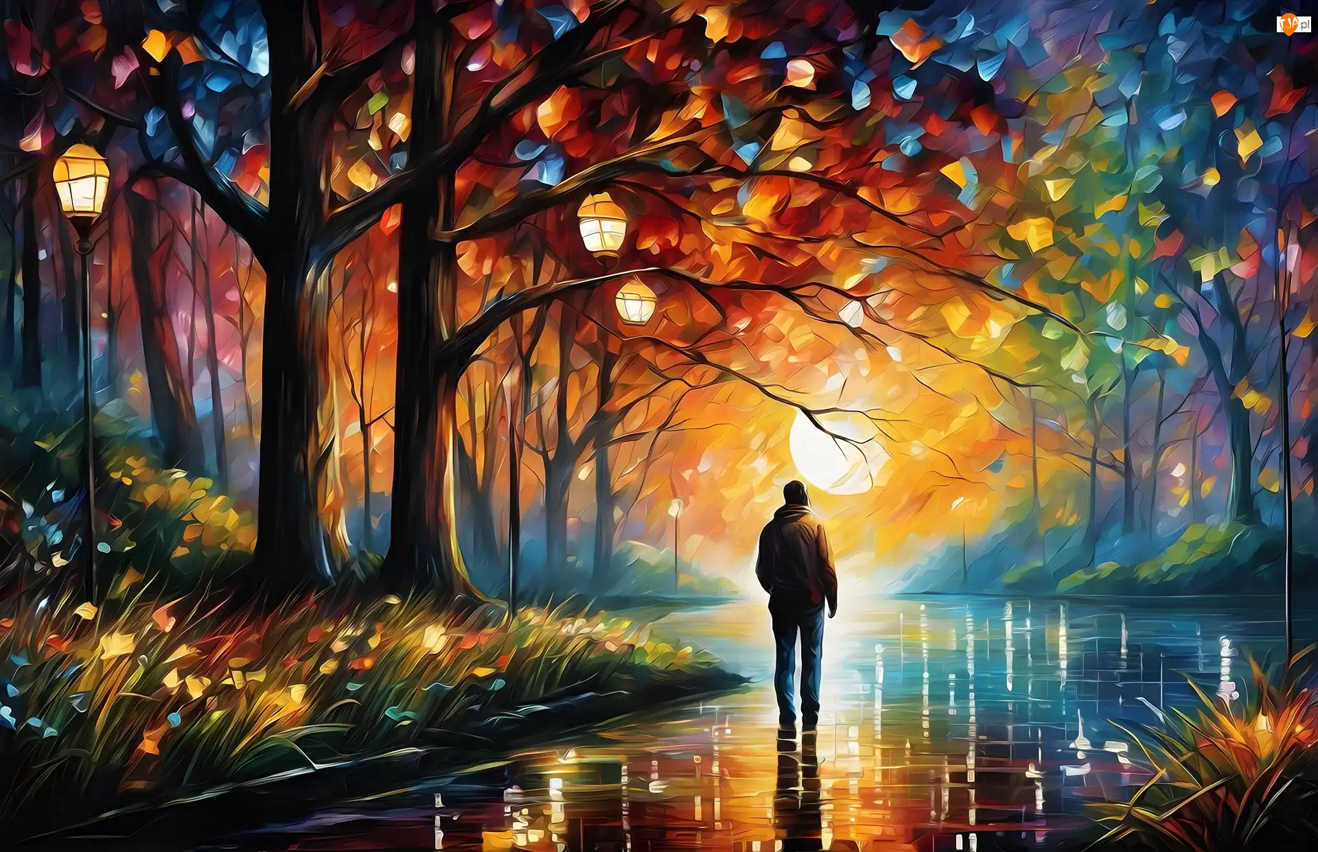 Park, Drzewa, Oświetlenie, Grafika, Mężczyzna, Lampy