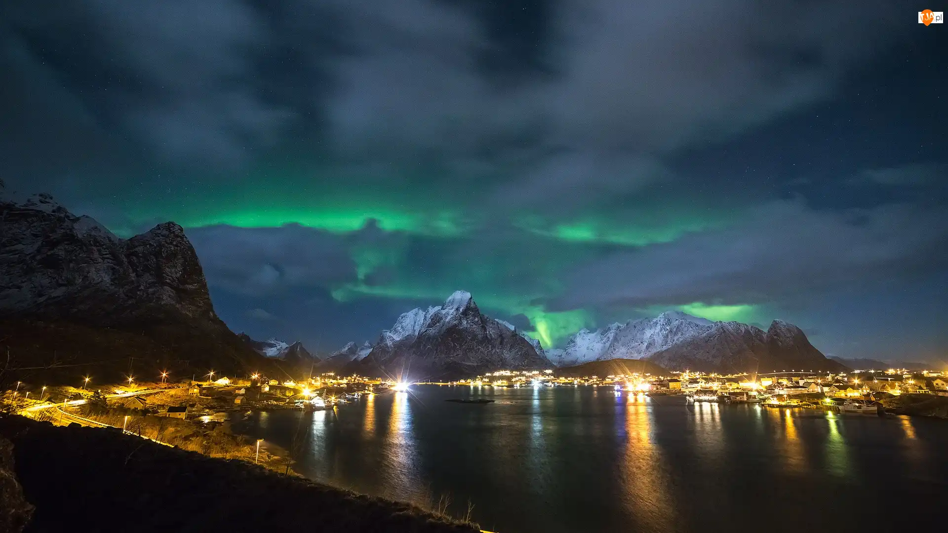 Archipelag, Góry, Norwegia, Lofoty, Noc, Statki, Miasto