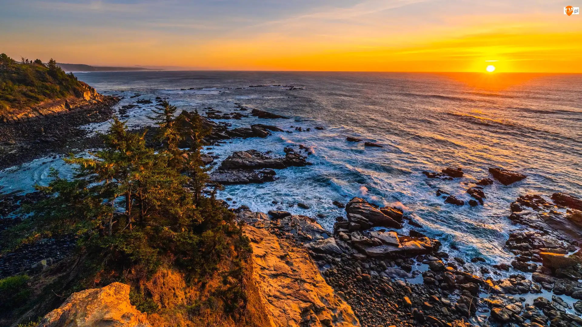 Oregon, Stany Zjednoczone, Morze, Zachód słońca, Park stanowy Cape Arago, Skały