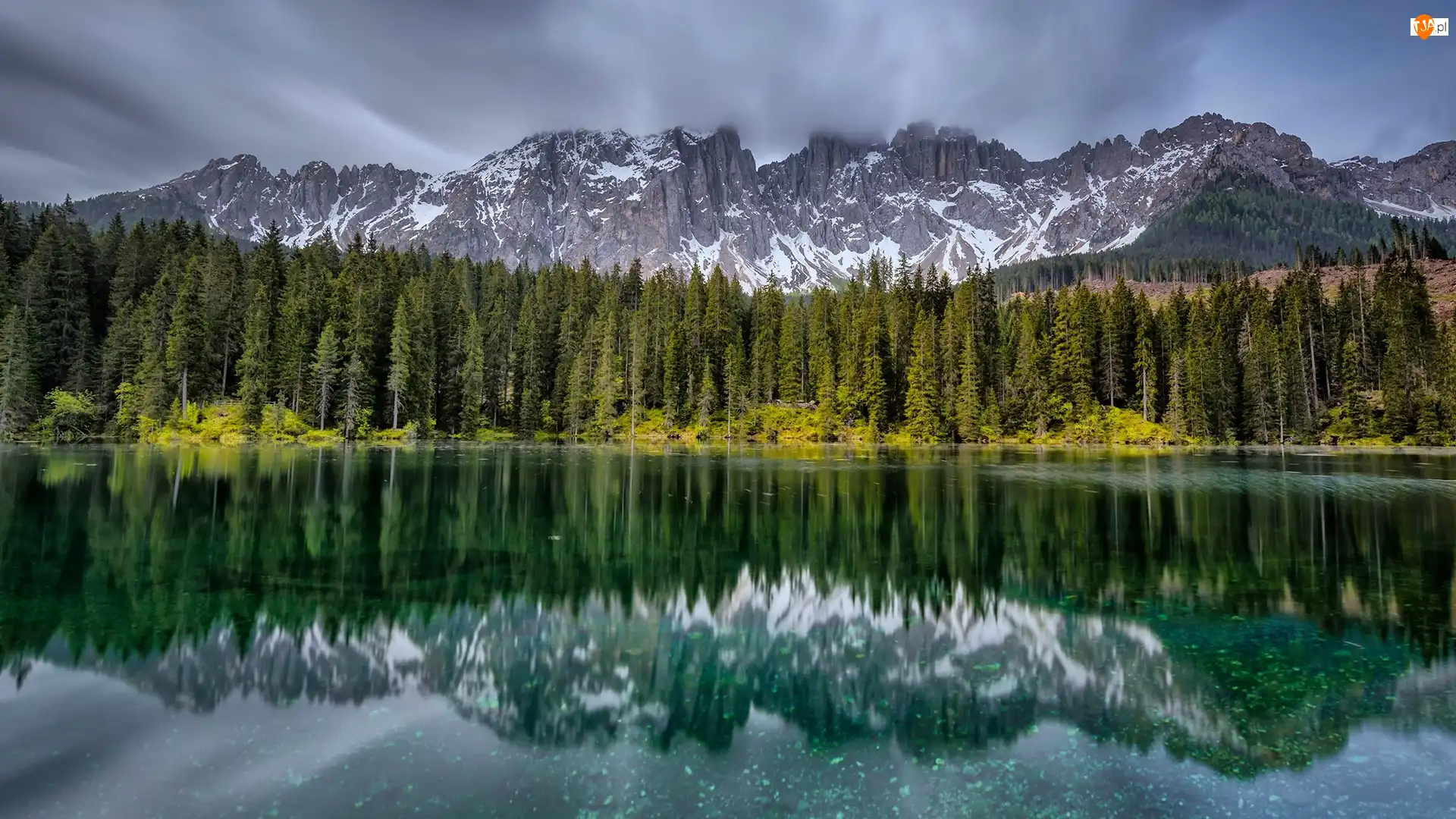 Włochy, Drzewa, Odbicie, Las, Lago di Carezza, Jezioro, Alpy, Góry, Dolomity, Południowy Tyrol