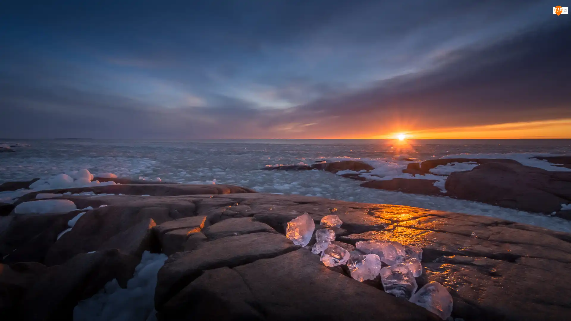 Chmury, Zachód słońca, Lód, Ocean, Zima, Skała, Odbicie