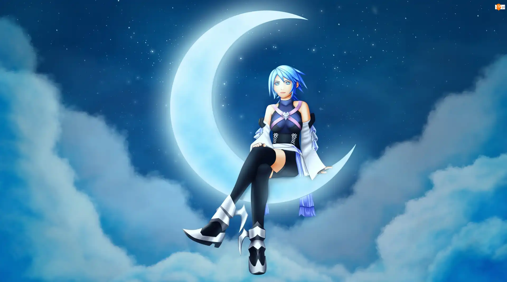 Niebo, Gra, Aqua, Chmury, Kingdom Hearts Birth by Sleep, Księżyc, Noc, Dziewczyna