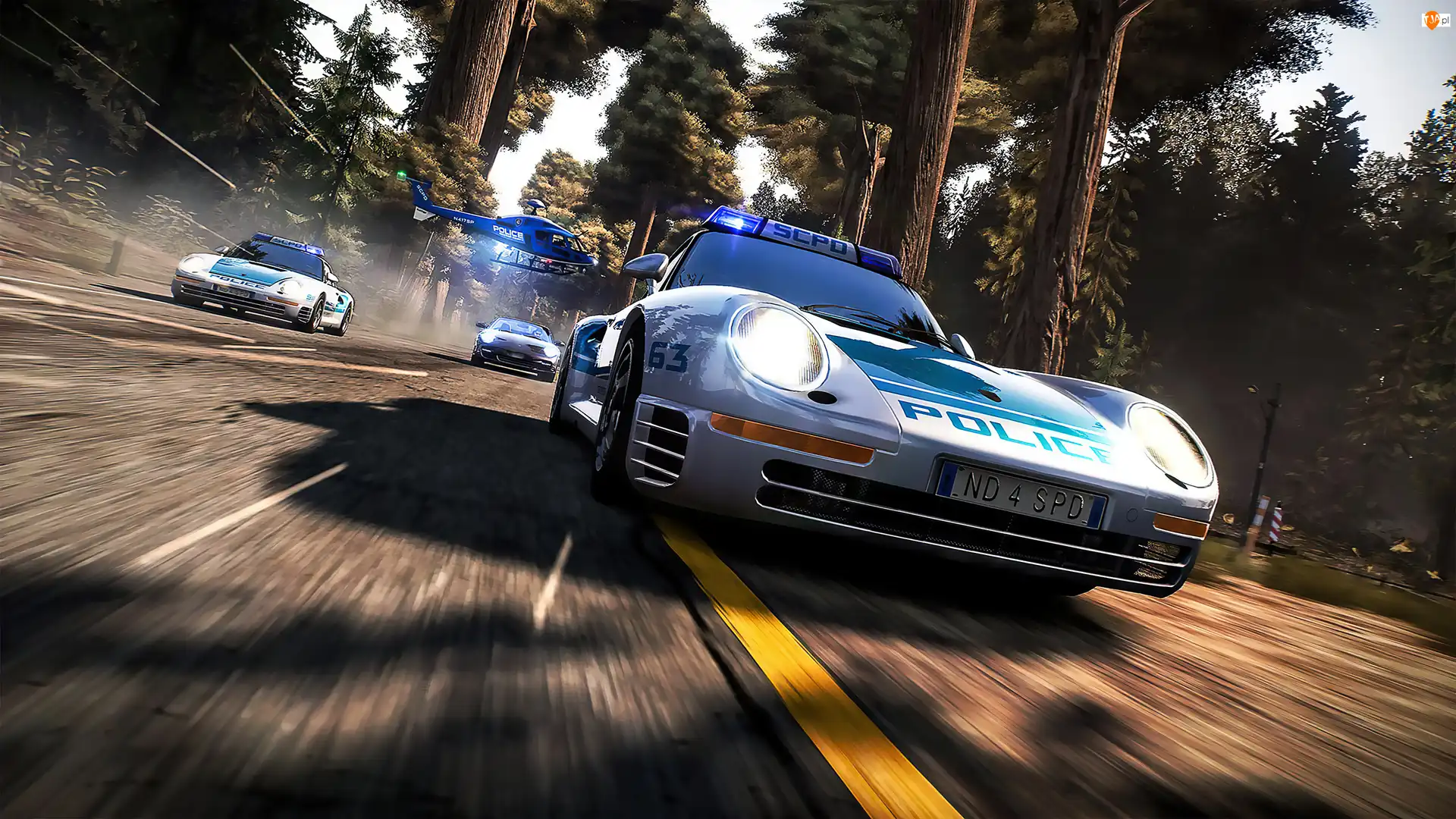 Pościg, Gra, Helikopter, Droga, Need for Speed Hot Pursuit Remastered, Polcja, Drzewa, Samochody
