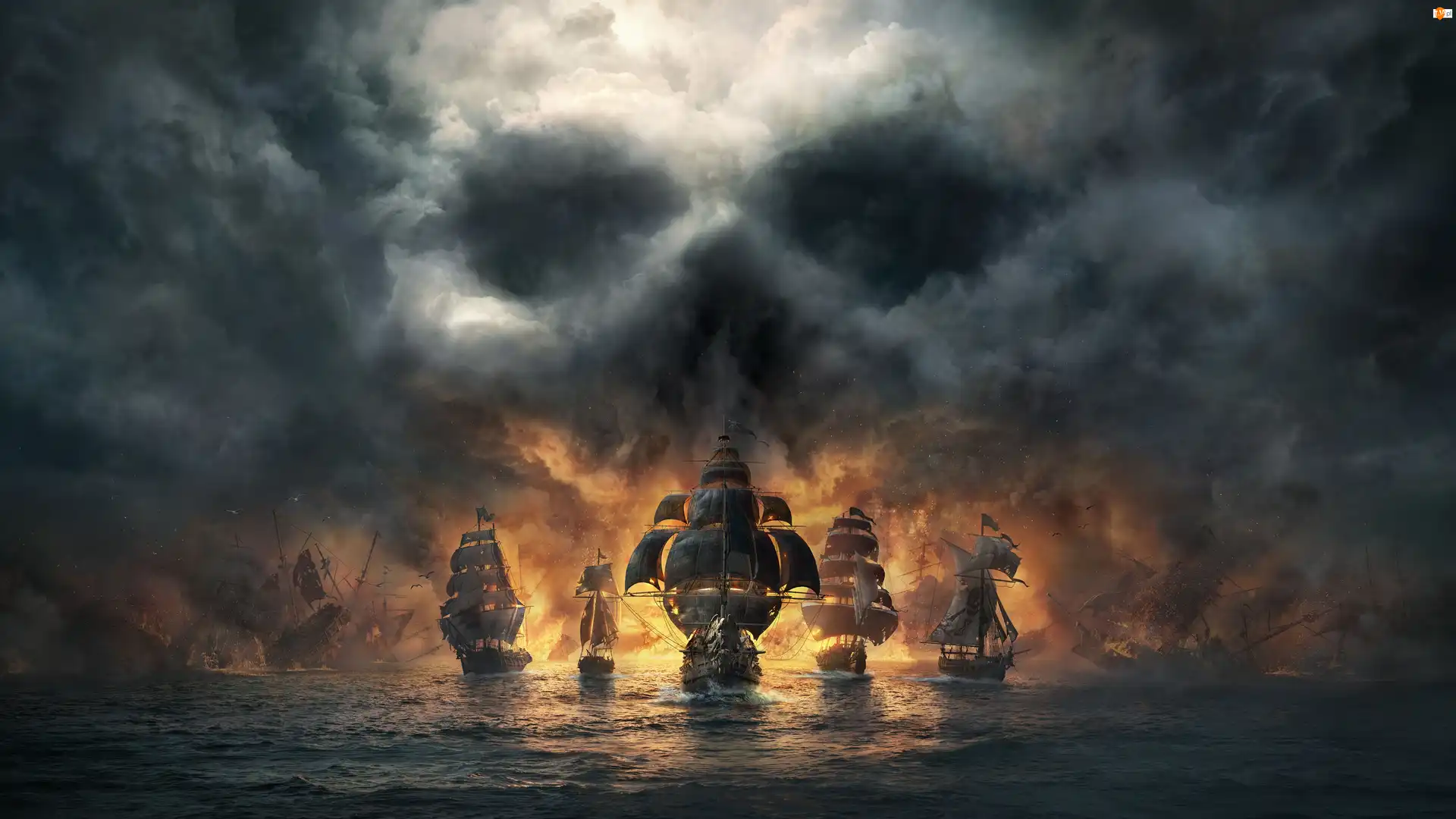 Morze, Skull and Bones, Żaglowce, Chmury