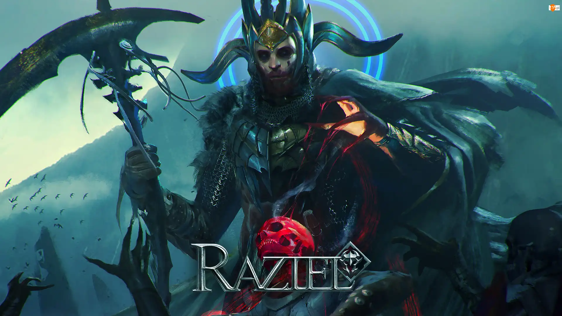Plakat, Raziel Dungeon Arena, Czaszka, Korona, Kosa, Postać, Władca, Gra, Król