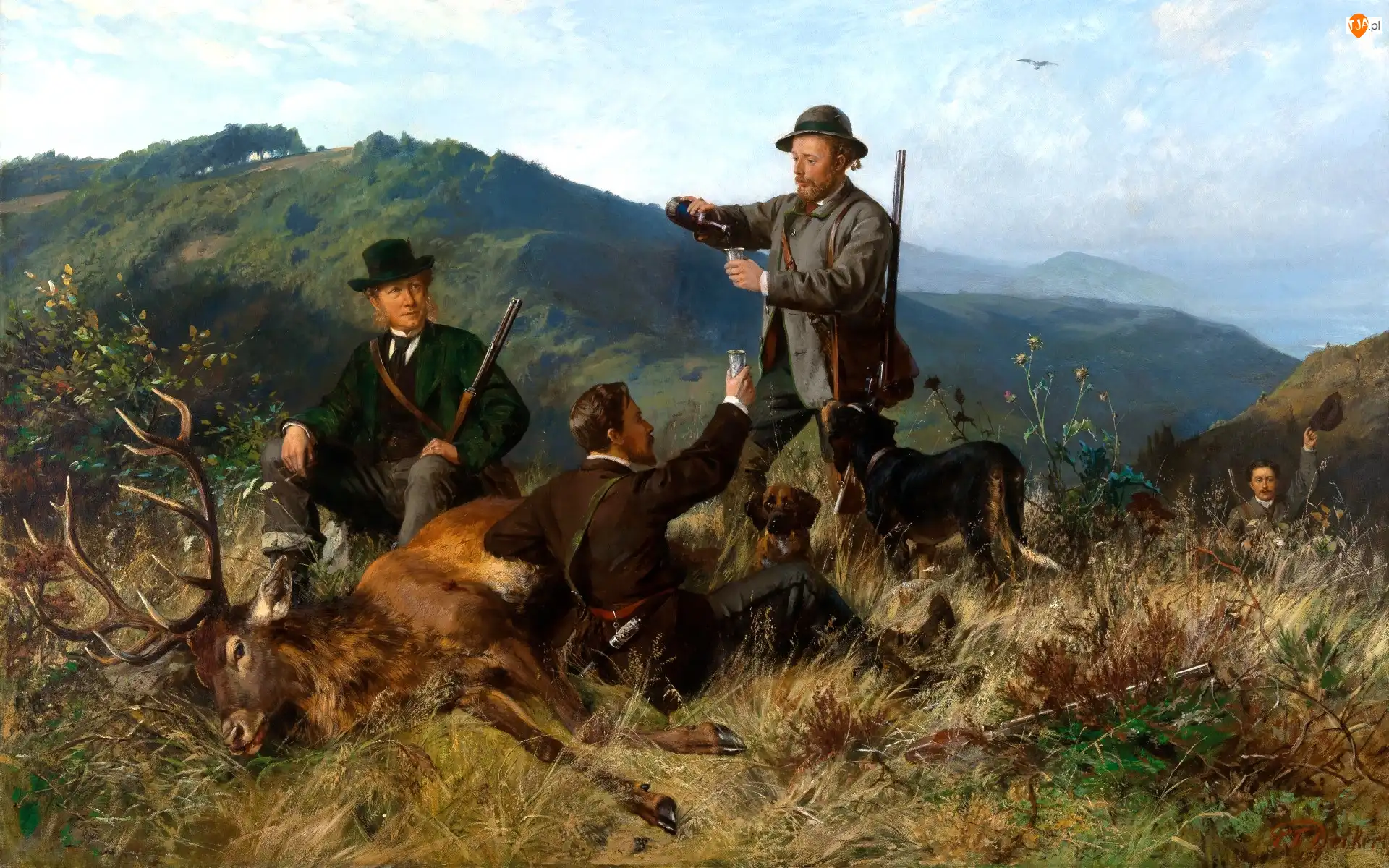 Jeleń, Malarstwo, Polowanie, Psy, Obraz, Mężczyźni, Góry, Carl Friedrich Deiker