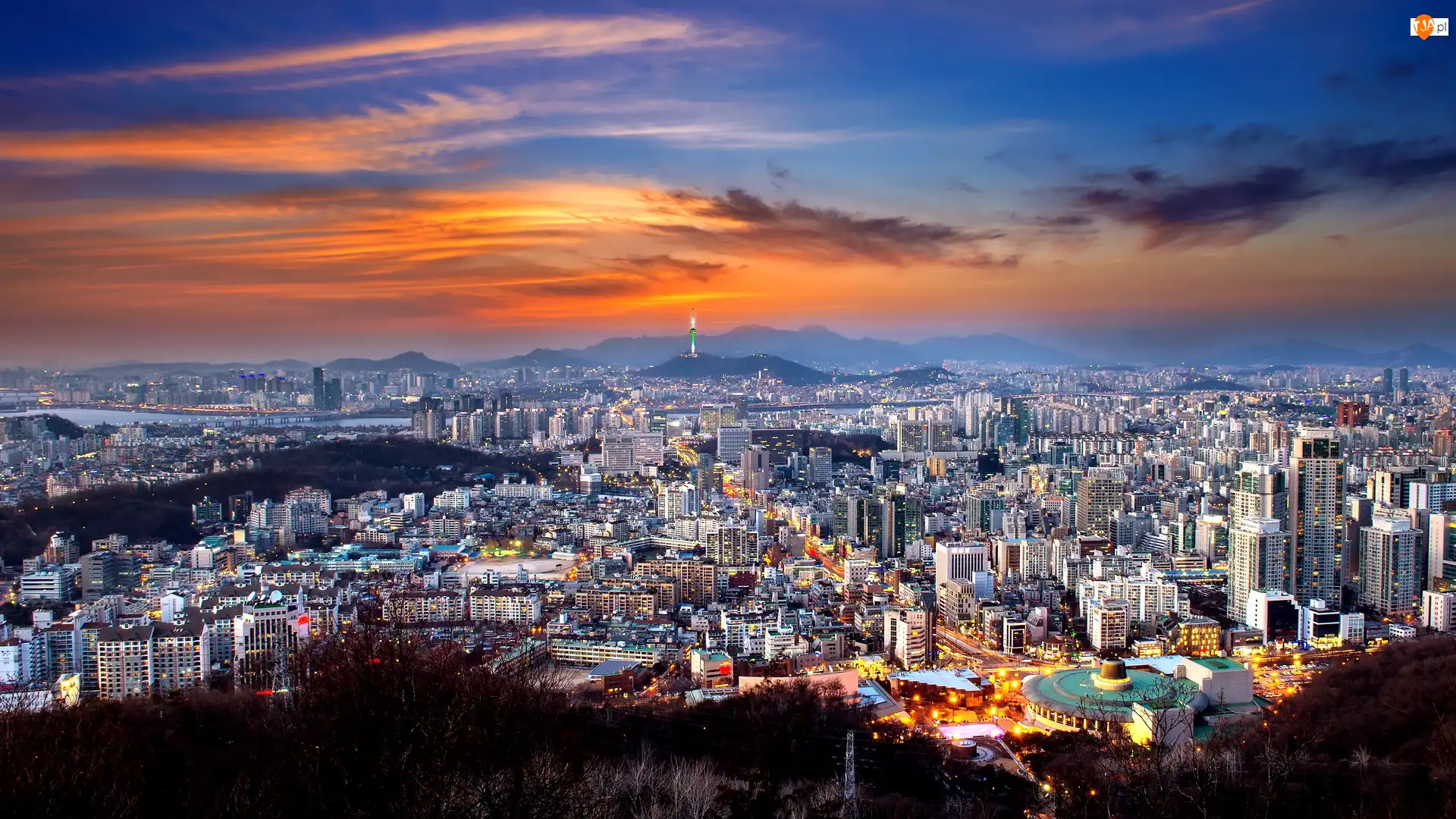 Miasto, Zachód słońca, Seul, Korea Południowa, Domy