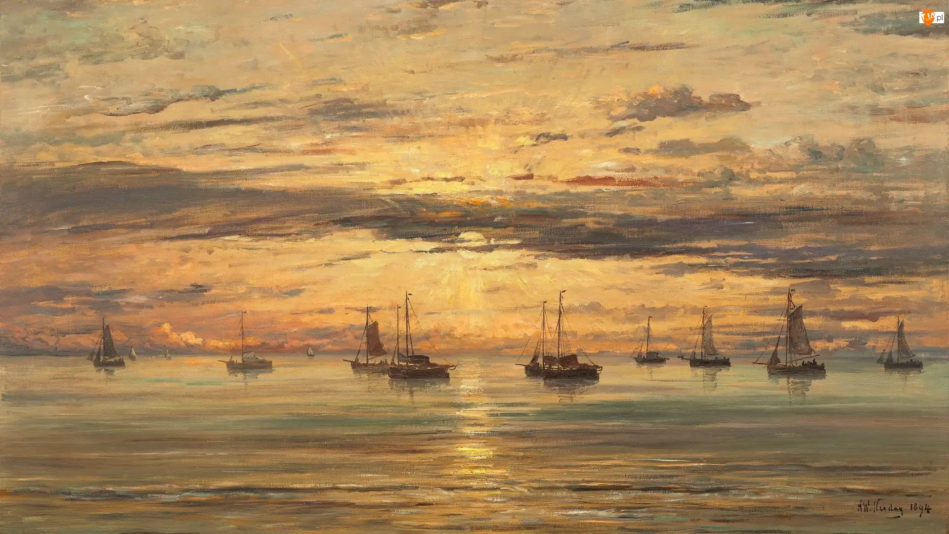 Obraz, Malarstwo, Żąglówki, Zachód słońca, Hendrik Willem Mesdag, Morze