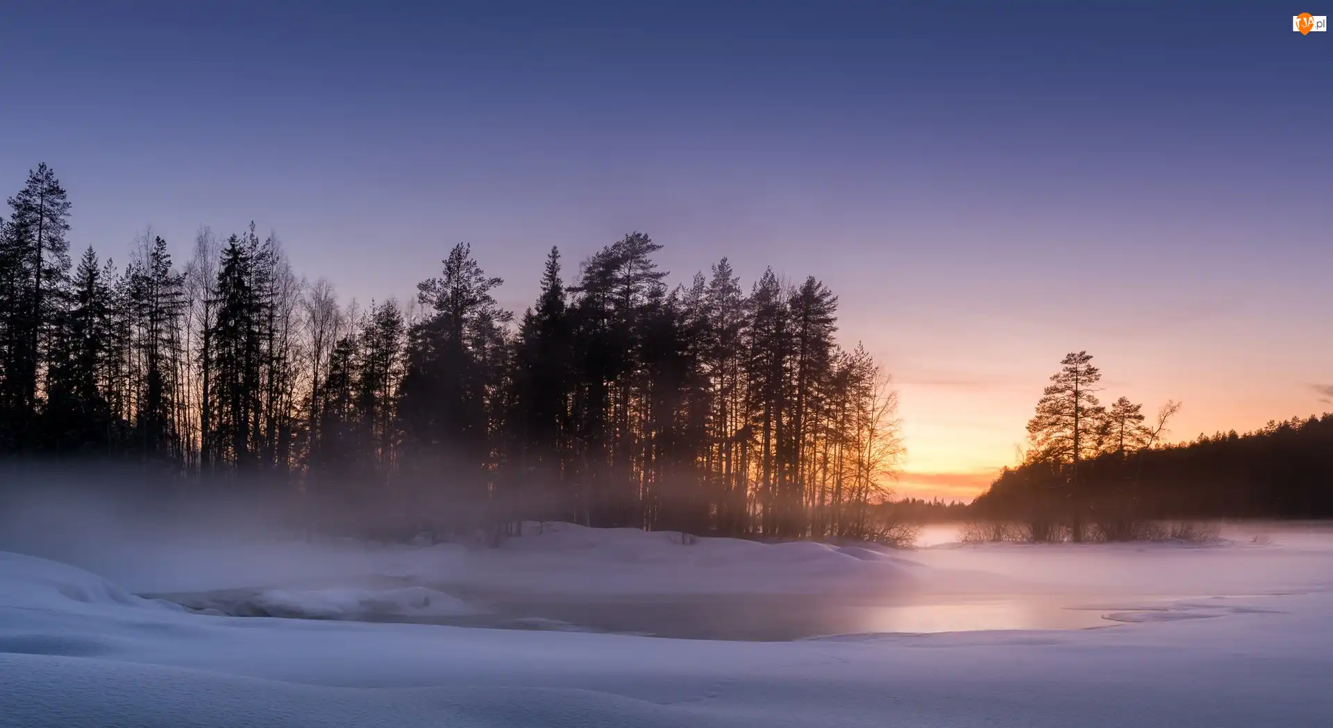 Zachód słońca, Karelia Północna, Mgła, Zima, Drzewa, Miasto Lieksa, Ruunaa, Finlandia, Rzeka Neitikoski Rapid