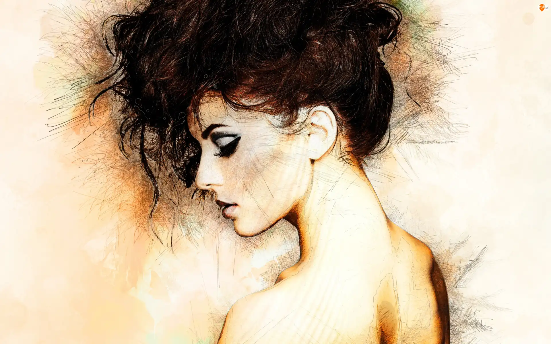 Kobieta, Grafika, Włosy, Oczy, Upięte, Przymknięte