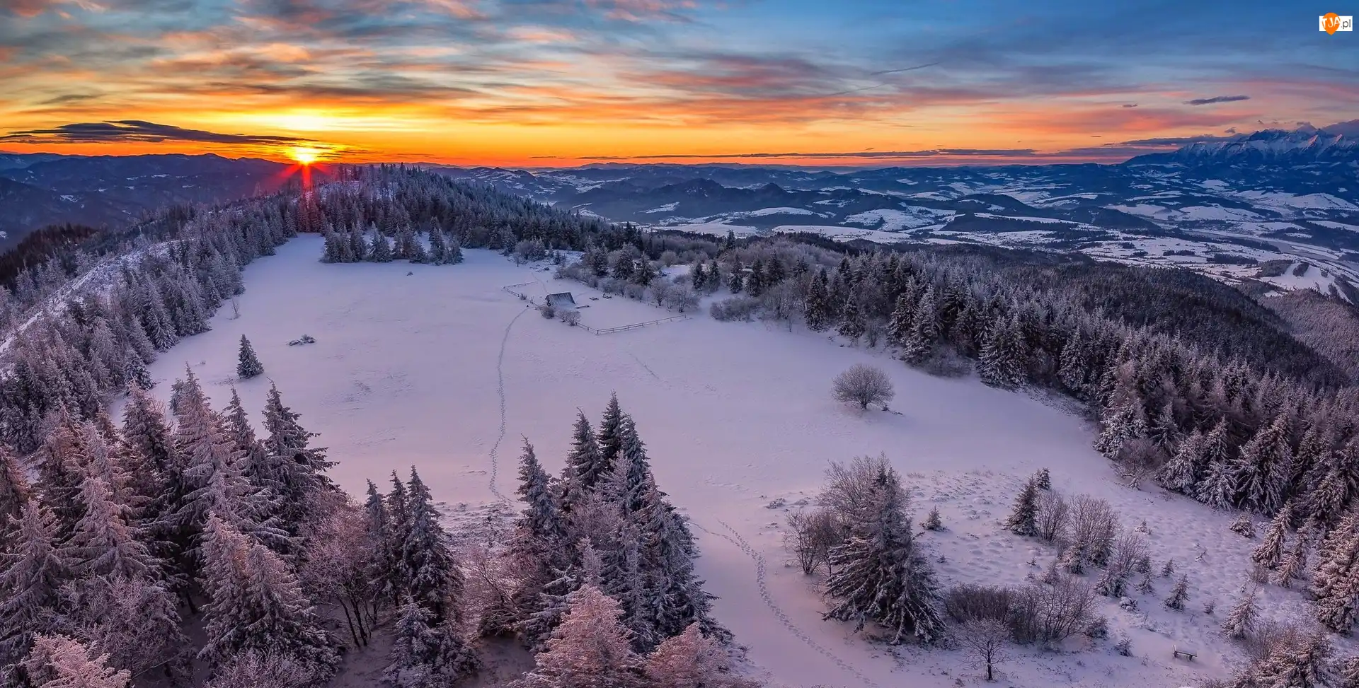 Śnieg, Zachód, Słońca, Zima