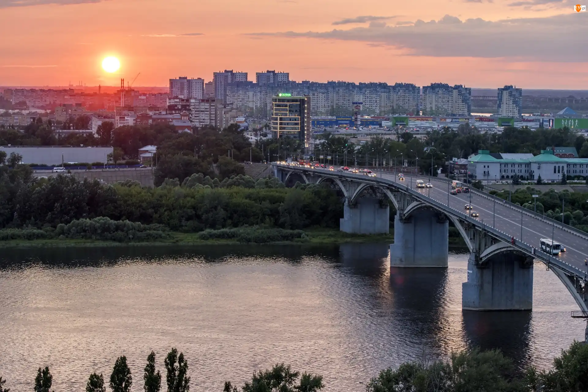 Most, Rzeka, Słońca, Miasta, Zachód, Panorama
