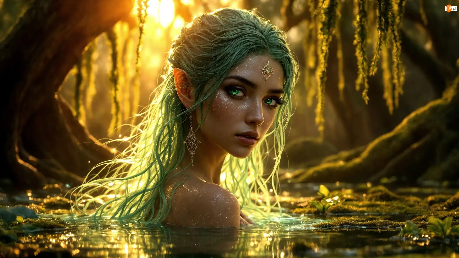 Woda, Dziewczyna, Włosy, Drzewa, Elfka, Głowa, Fantasy, Zielone