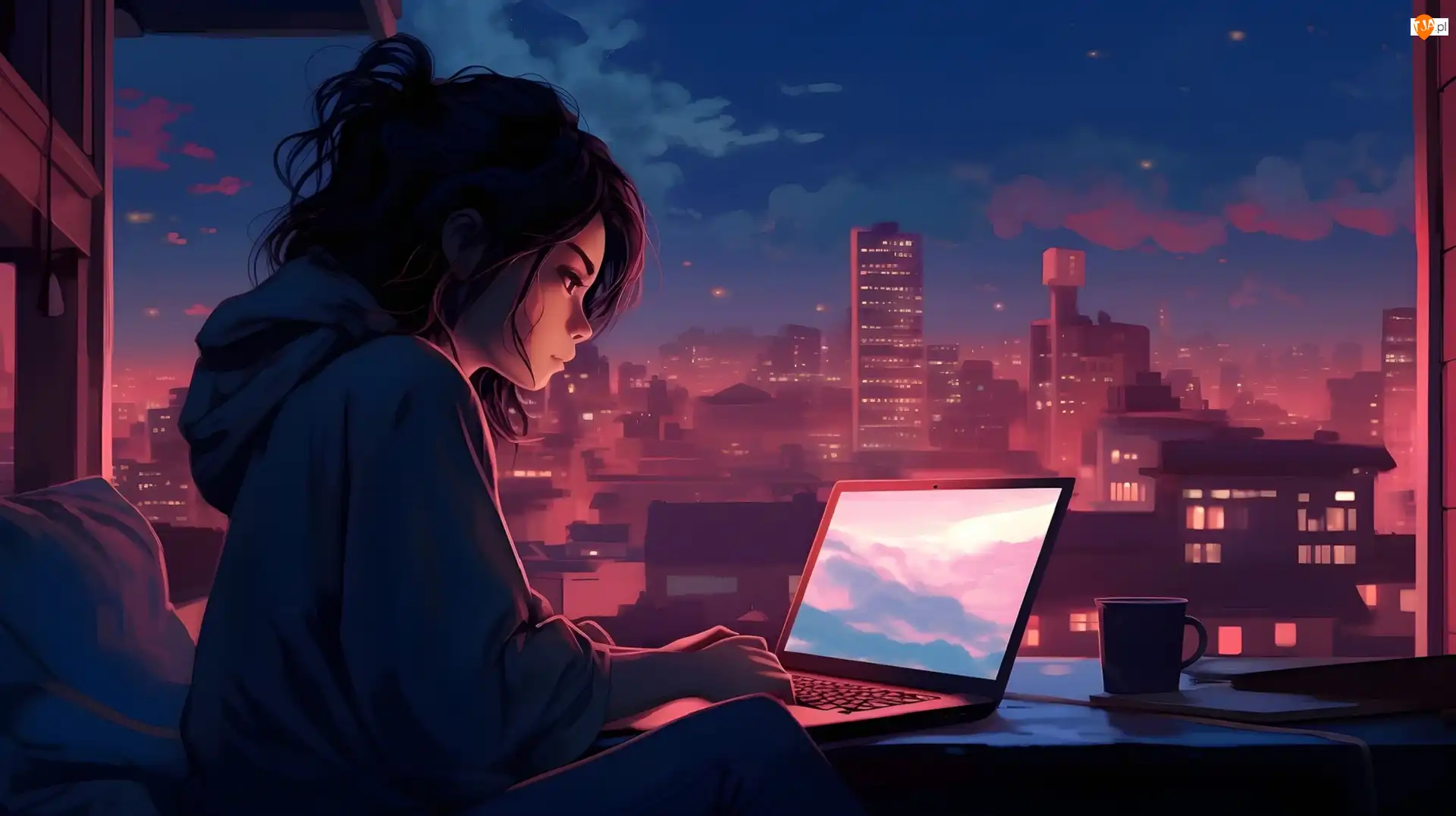 Okno, Anime, Laptop, Dziewczyna, Noc
