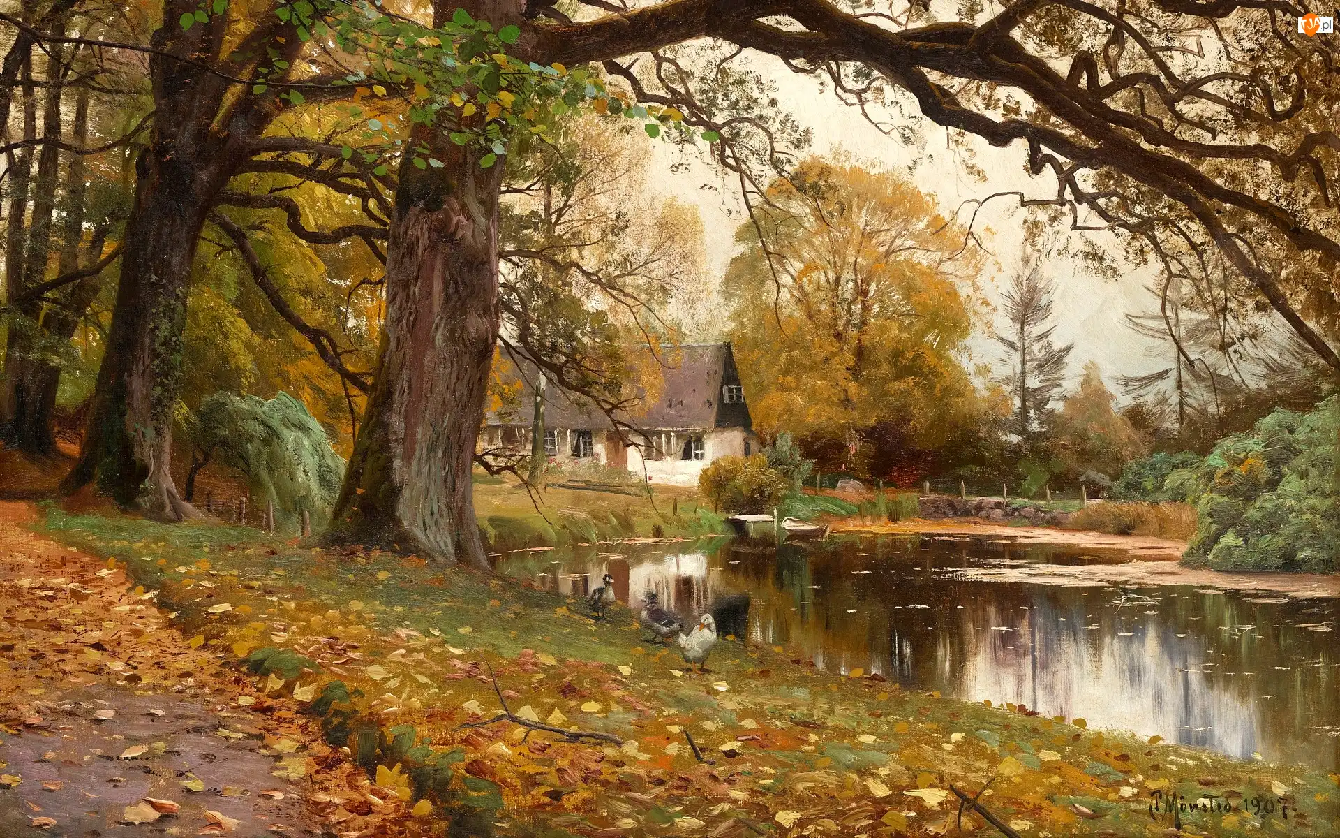 Dom, Malarstwo, Jesień, Drzewa, Obraz, Staw, Wieś, Peder Mork Monsted