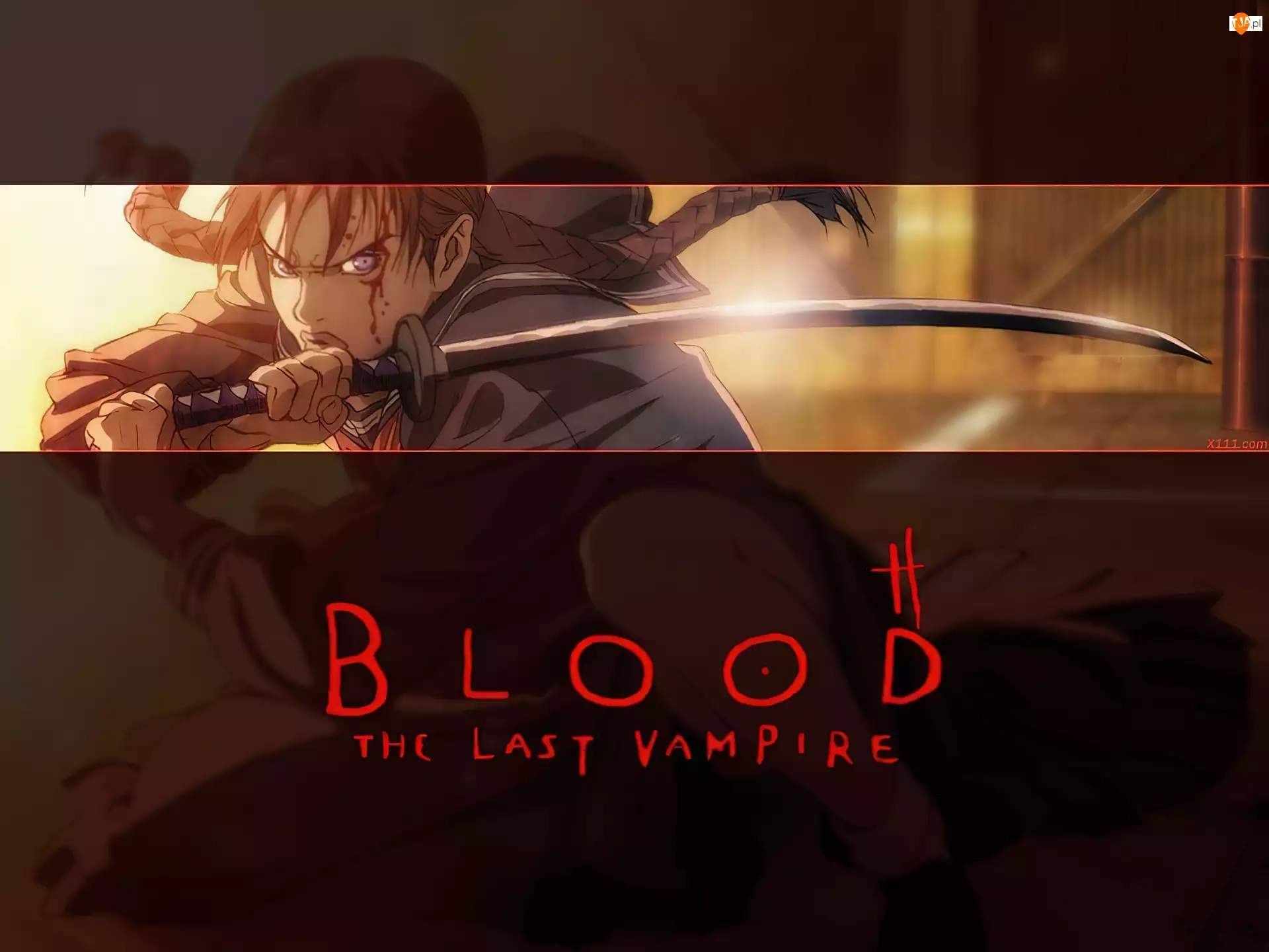 miecz, krew, postać, Blood The Last Vampire, napis