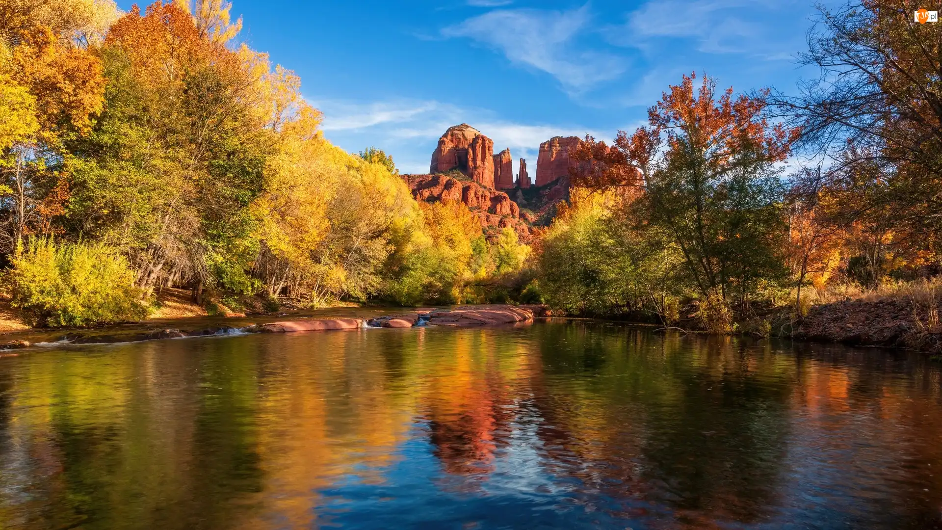 Arizona, Skały, Drzewa, Stany Zjednoczone, Jesień, Rzeka, Cathedral Rock