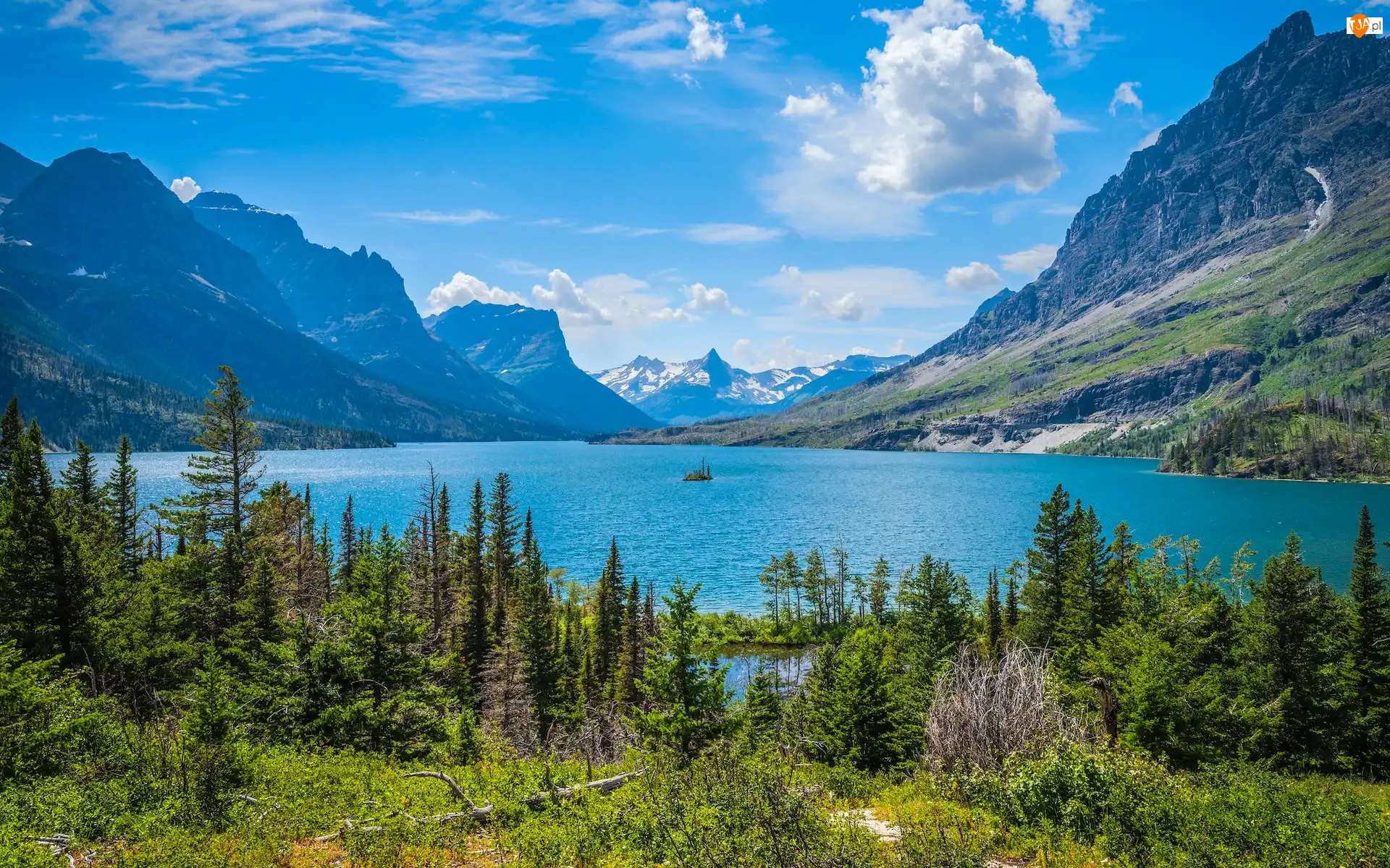 Góry, Stany Zjednoczone, Jezioro, Drzewa, Montana, Saint Mary Lake, Wysepka, Park Narodowy Glacier