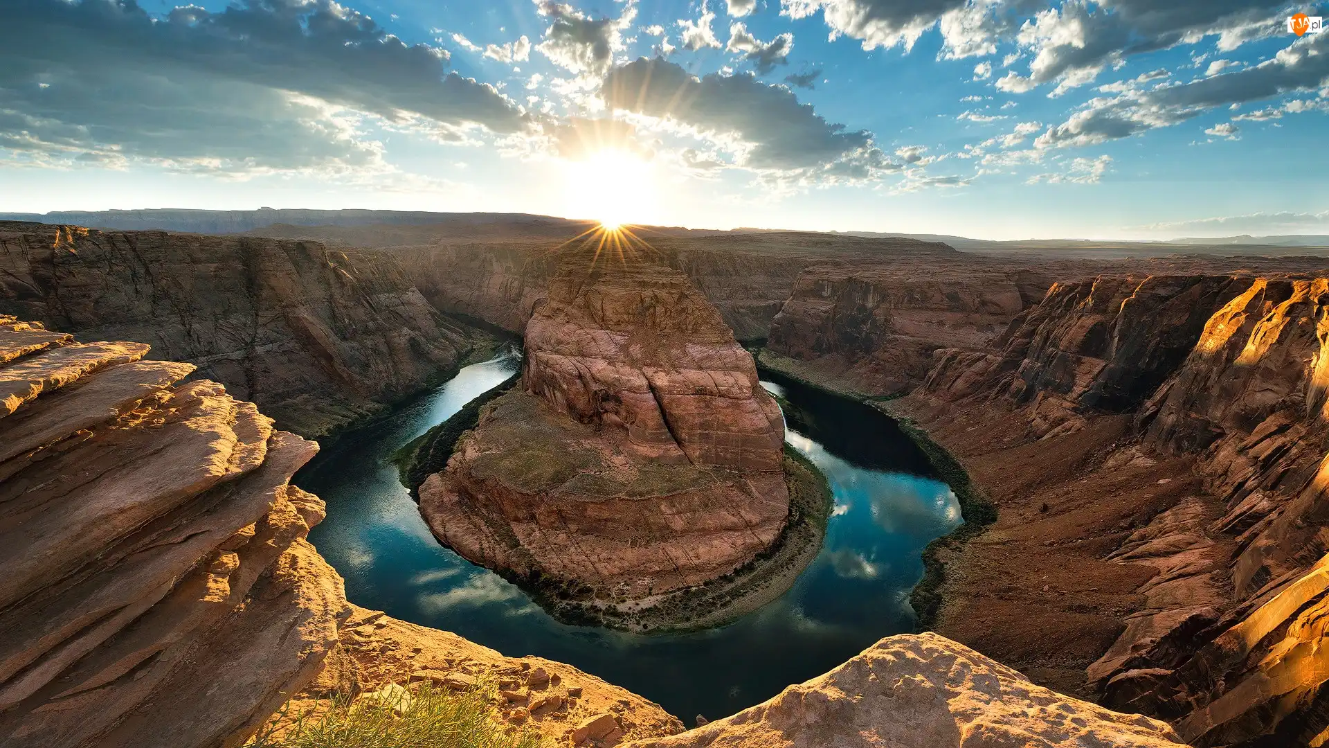 Stany Zjednoczone, Promienie słońca, Skały, Horseshoe Bend, Kanion, Park Narodowy Glen Canyon, Kolorado River, Rzeka, Zakole, Arizona