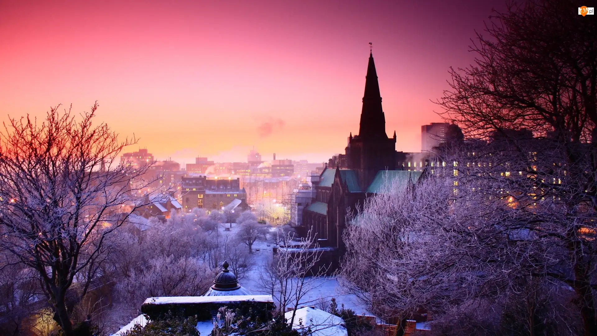 Zima, Wielka Brytania, Budynki, Kościół, Drzewa, Glasgow, Szkocja