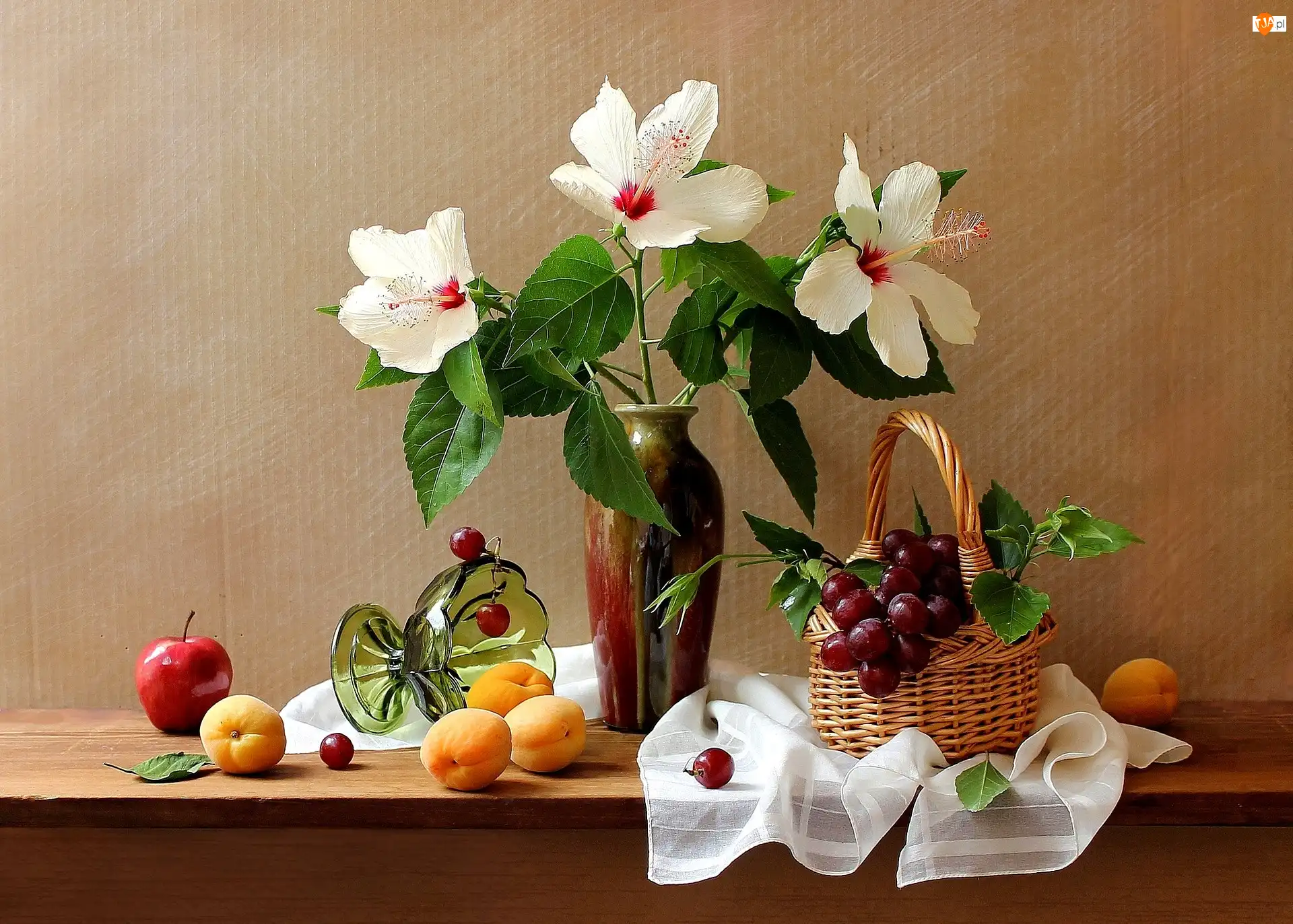 Hibiskus, Biały, Morele, Kompozycja, Jabłko, Winogrona