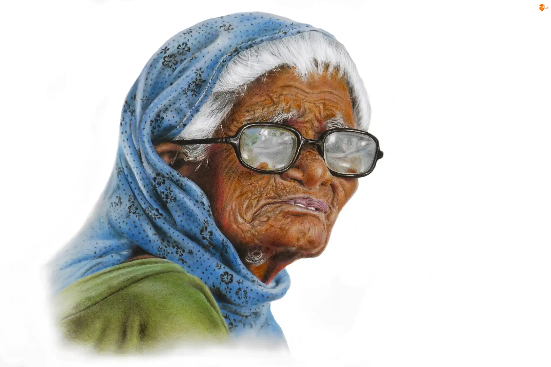 Starość, Kobieta, Chustka, Grafika, Okulary, Portret