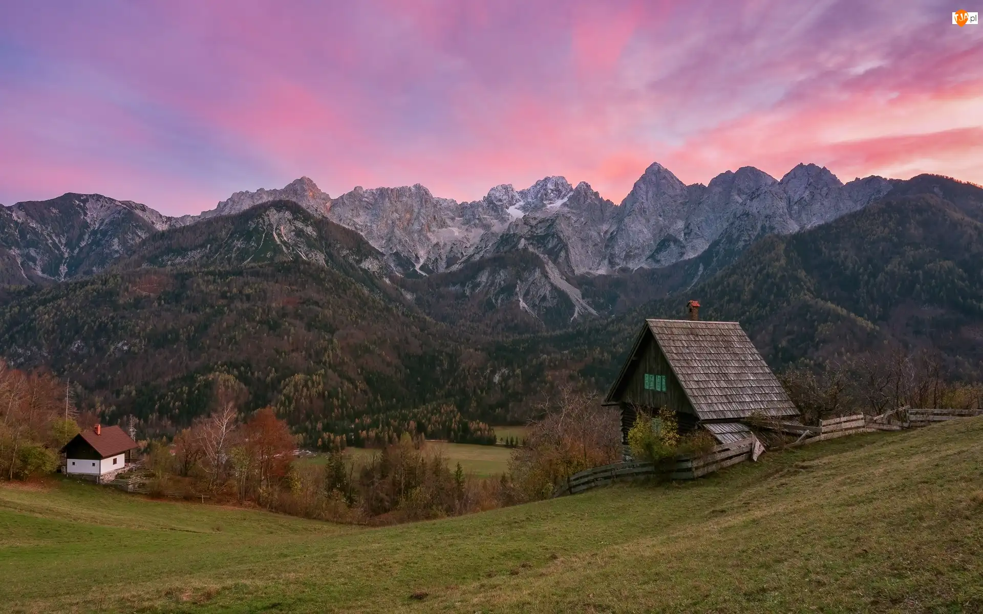 Alpy Julijskie, Las, Słowenia, Góry, Kranjska Gora, Domy, Drzewa
