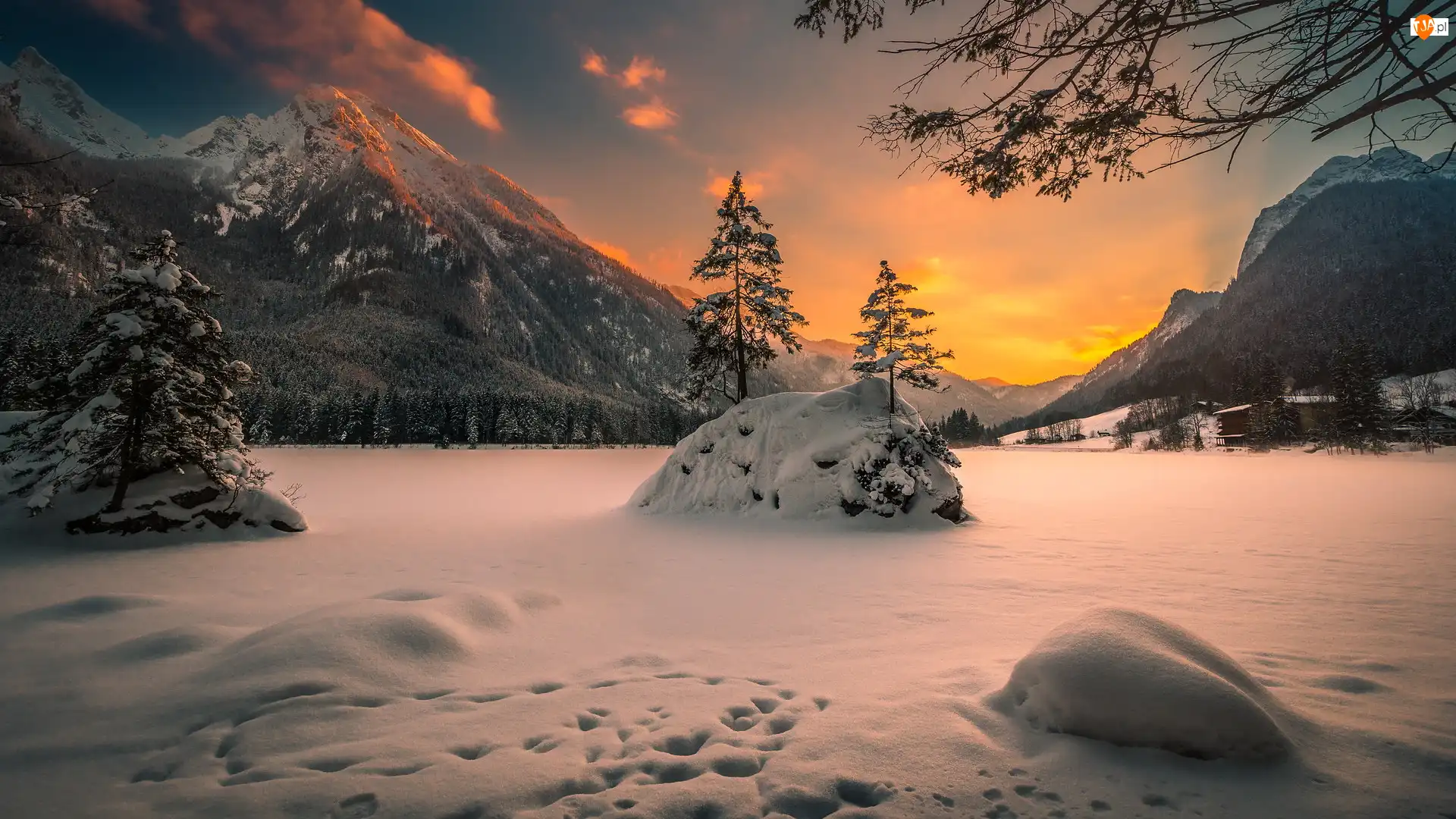 Niemcy, Góry, Bawaria, Skały, Gmina Berchtesgadener, Alpy, Zima, Jezioro Hintersee, Drzewa