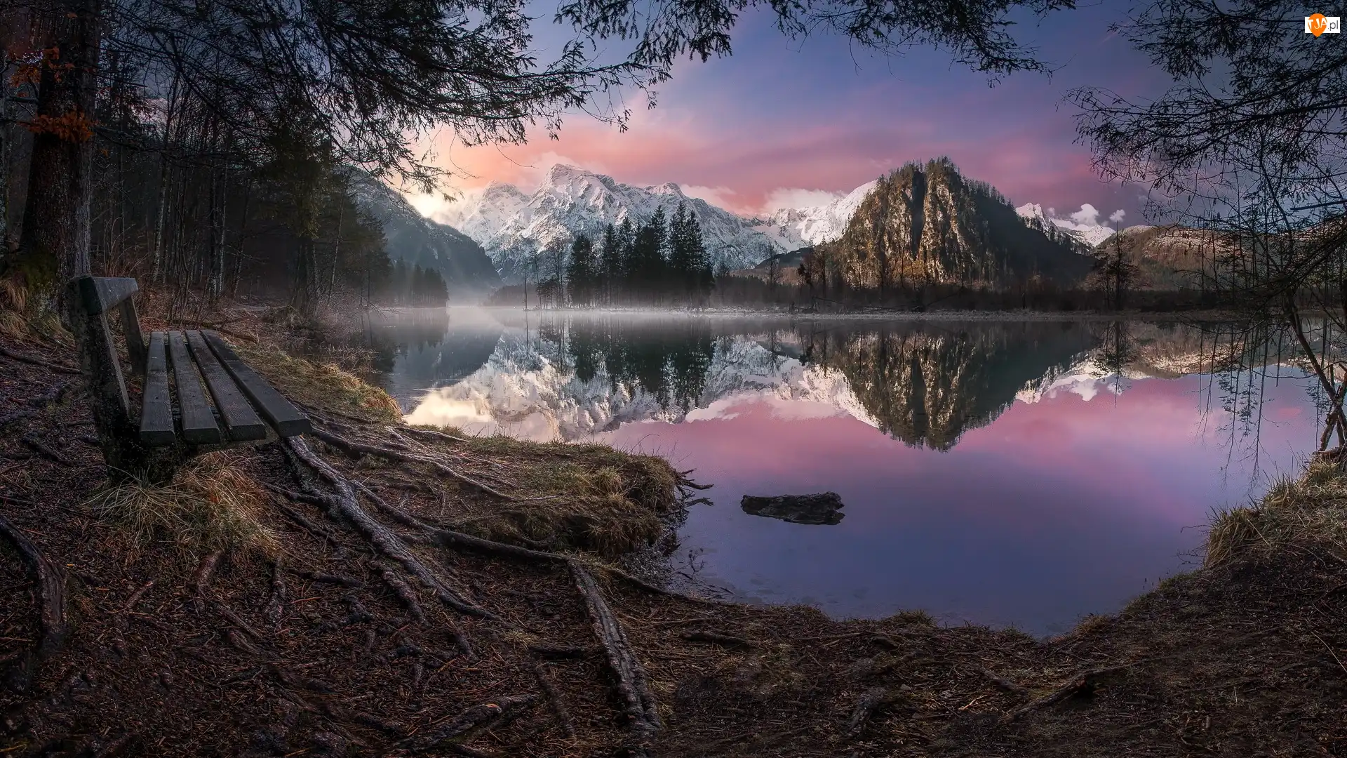 Austria, Ławka, Wzgórza, Góry, Totes Gebirge, Drzewa, Ośnieżone, Jezioro Almsee, Szczyty