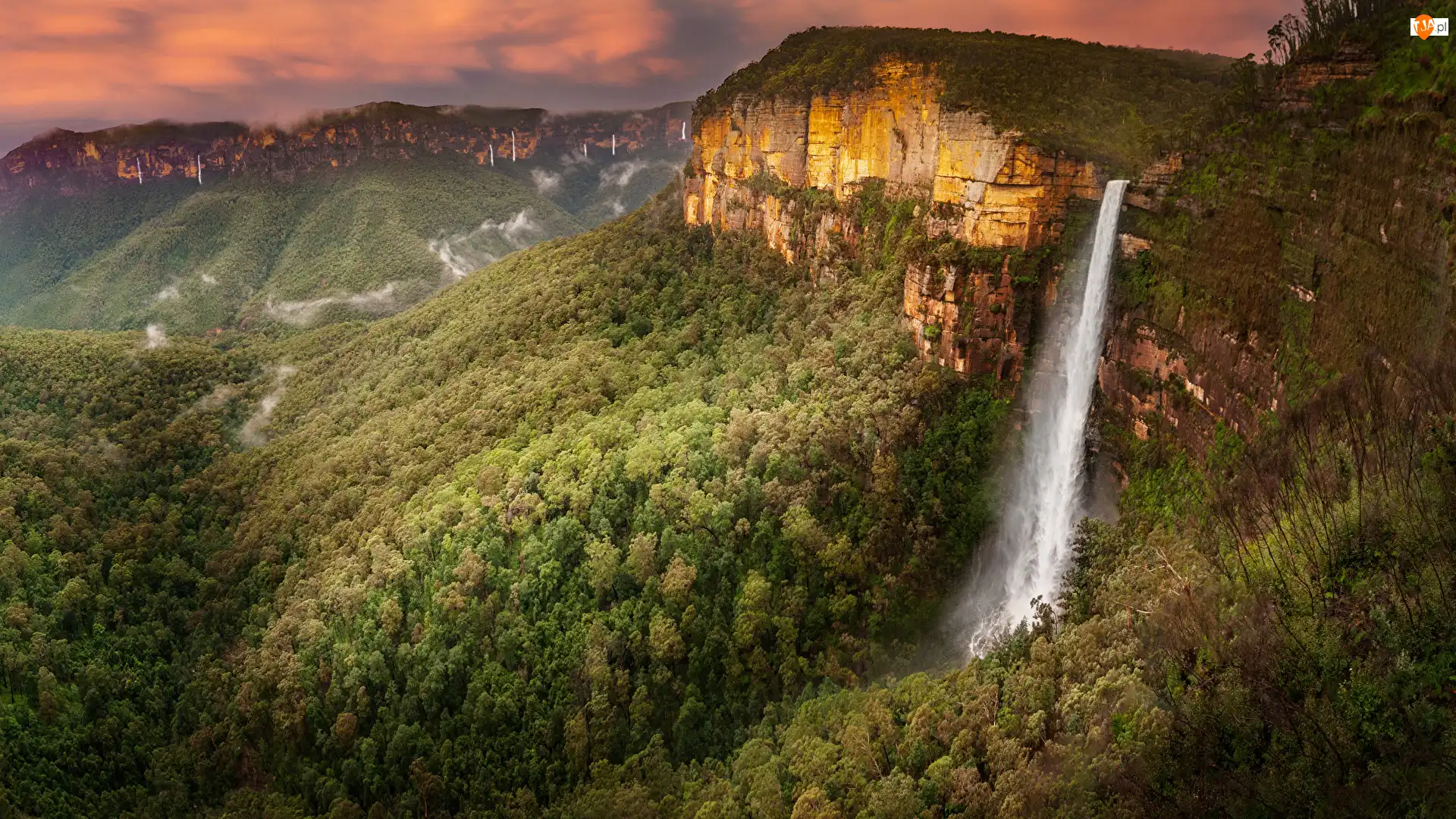 Govets Leap Falls, Skały, Drzewa, Zachód słońca, Góry Błękitne, Wodospad, Australia, Lasy