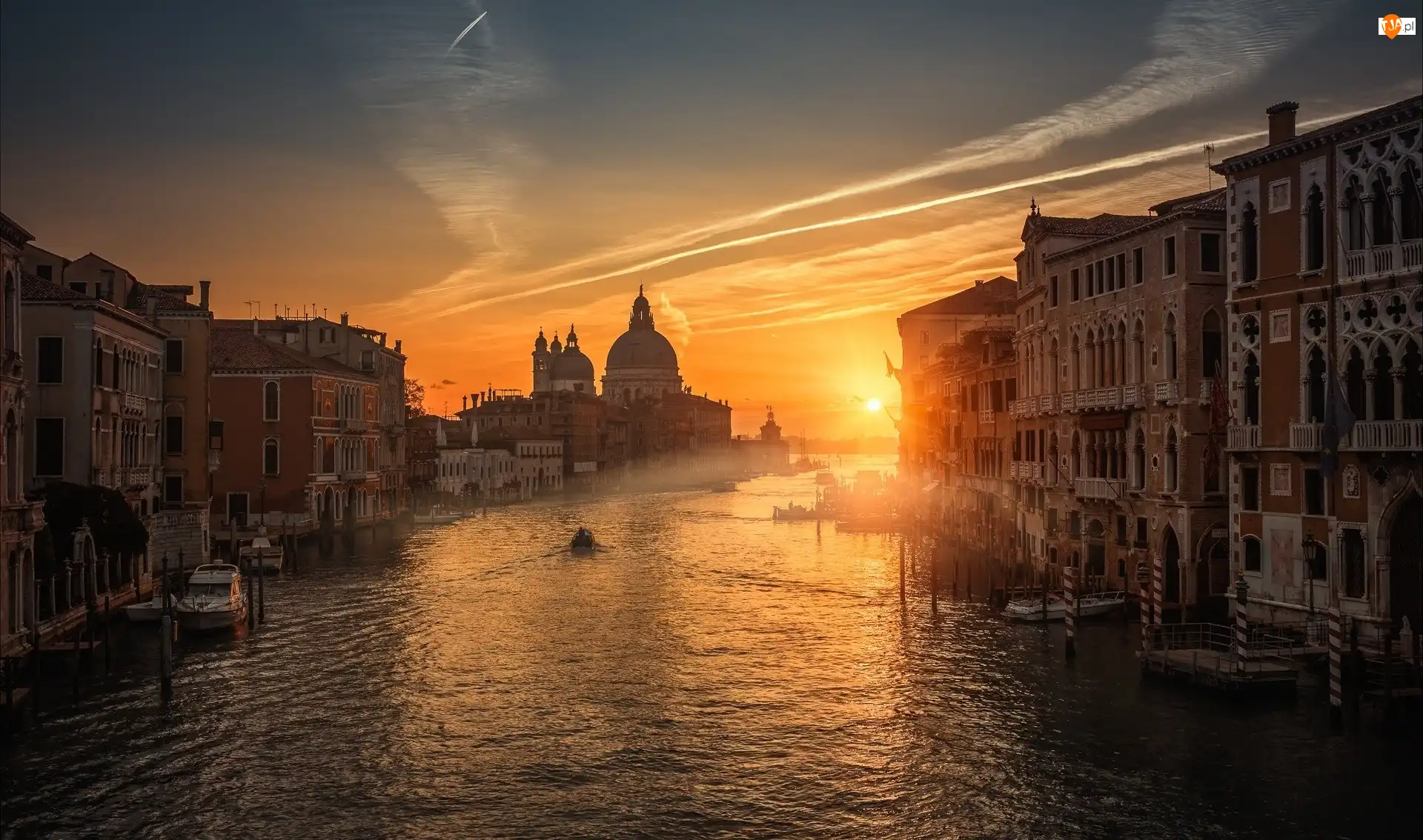 Wenecja, Włochy, Zachód słońca, Łodzie, Canal Grande, Budynki