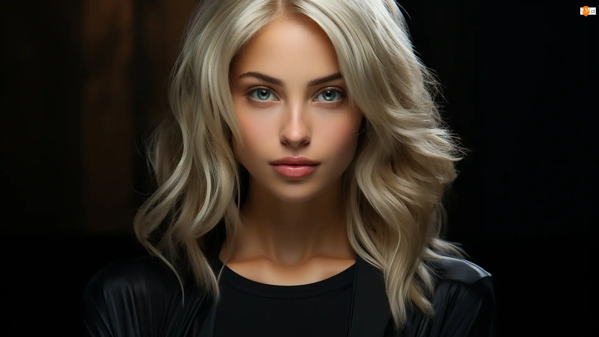 Blondynka, Kobieta, Czarna, 2D, Spojrzenie, Bluzka