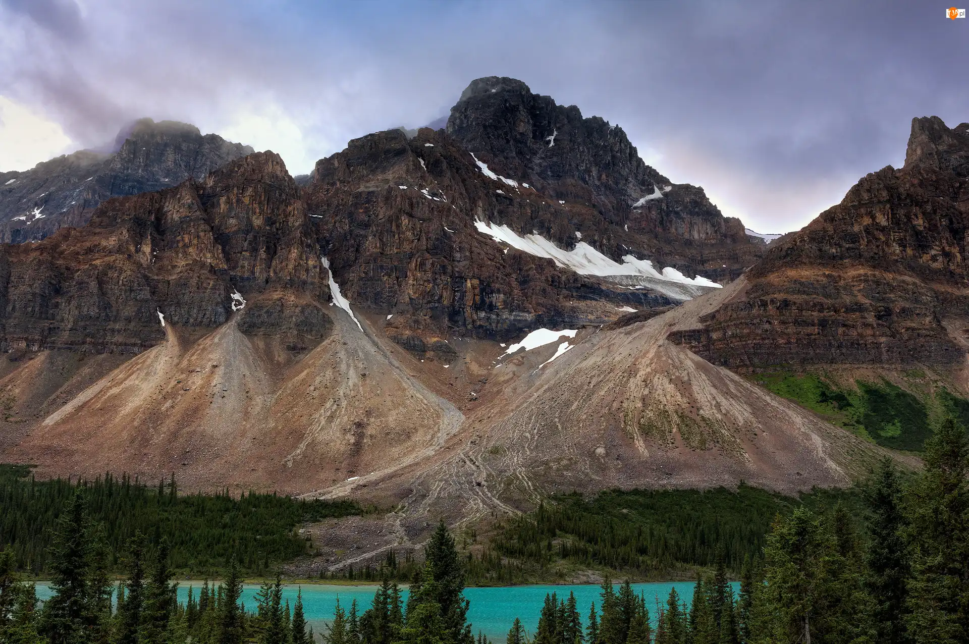 Śnieg, Kanada, Moraine Lake, Lasy, Alberta, Góry, Park Narodowy Banff, Jezioro