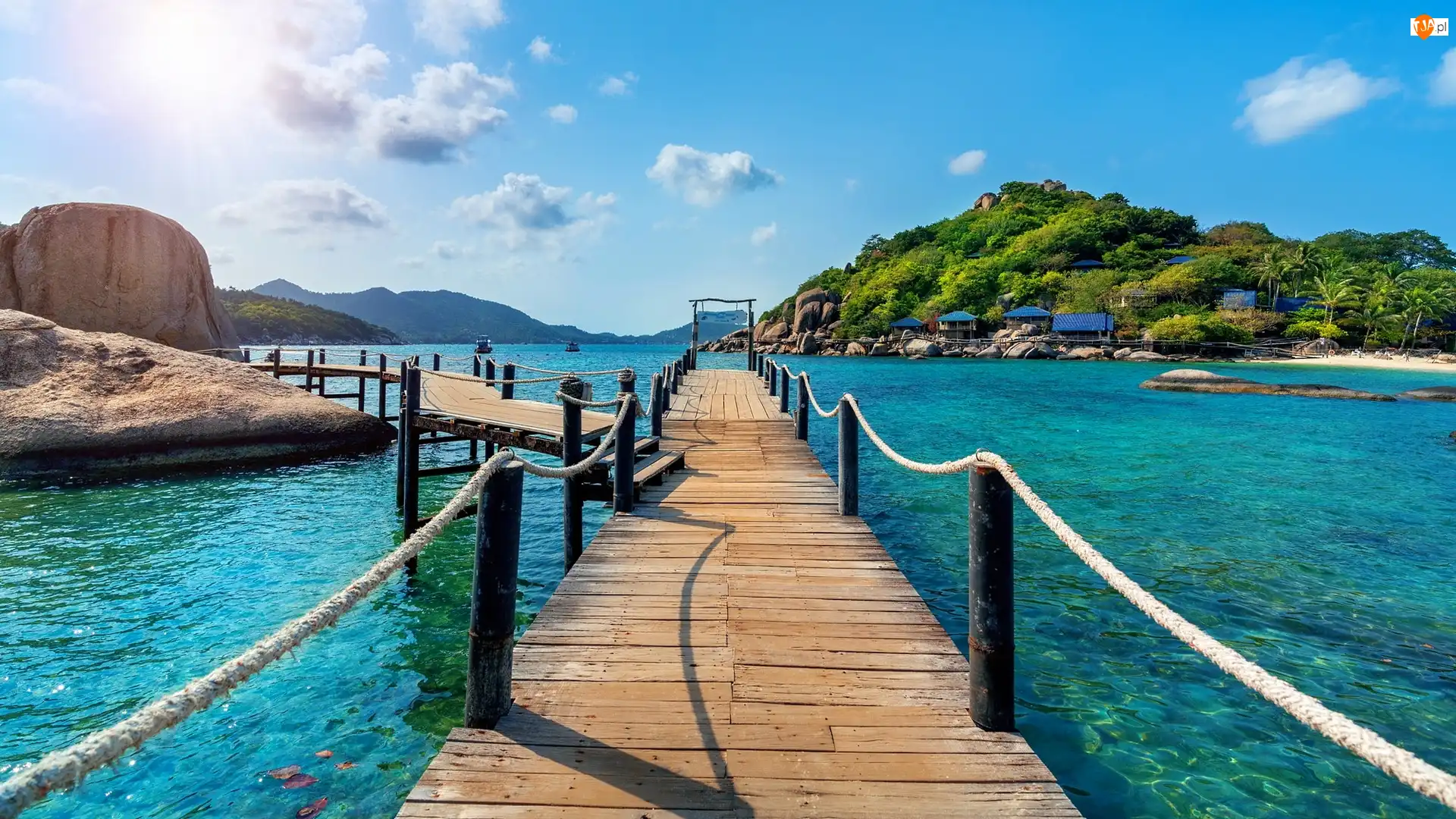 Most, Morze, Tajlandia, Drewniany, Surat Thani, Wyspa Koh Nang Yuan, Wzgórze