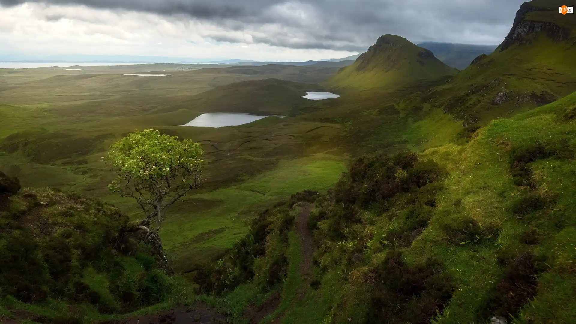 Szkocja, Jeziora, Quiraing, Wyspa Skye, Osuwisko, Roślinność, Drzewo, Wzgórza, Chmury