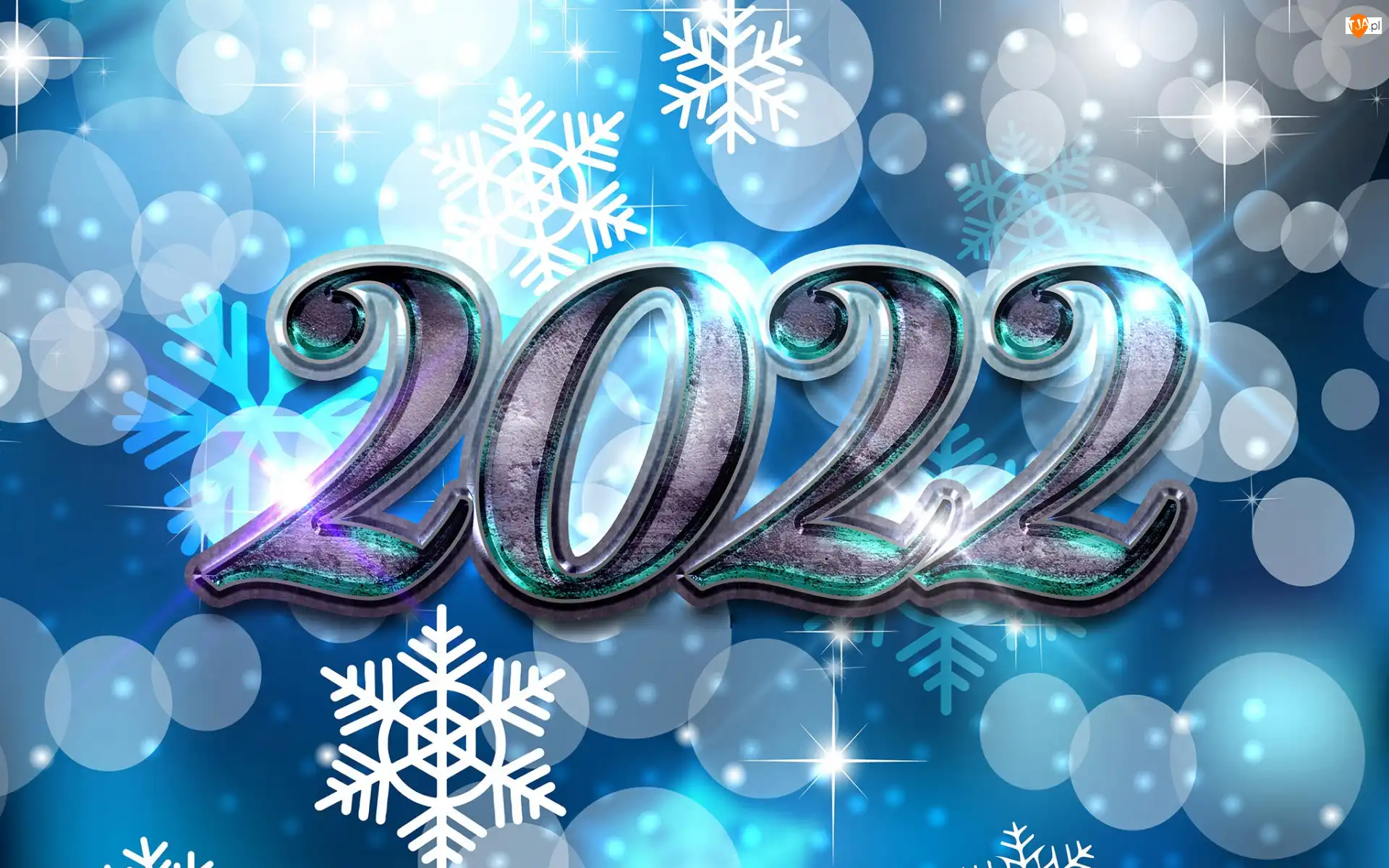 2022, Niebieskie tło, Data, Nowy Rok, Śnieżynki