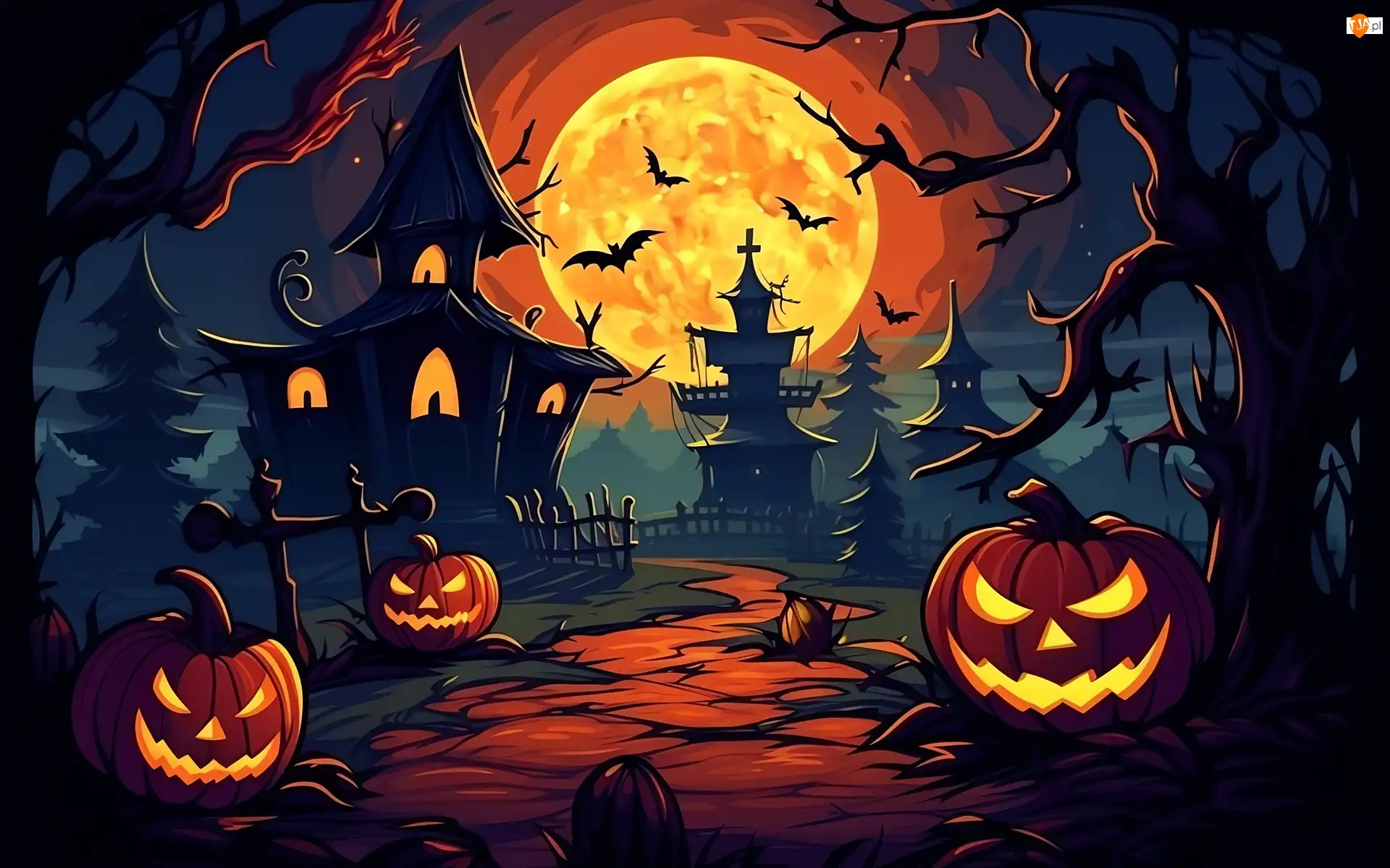 Droga, Drzewa, Ptaki, Dynie, Noc, Halloween, Domy, Księżyc, Świecące, Nietoperze