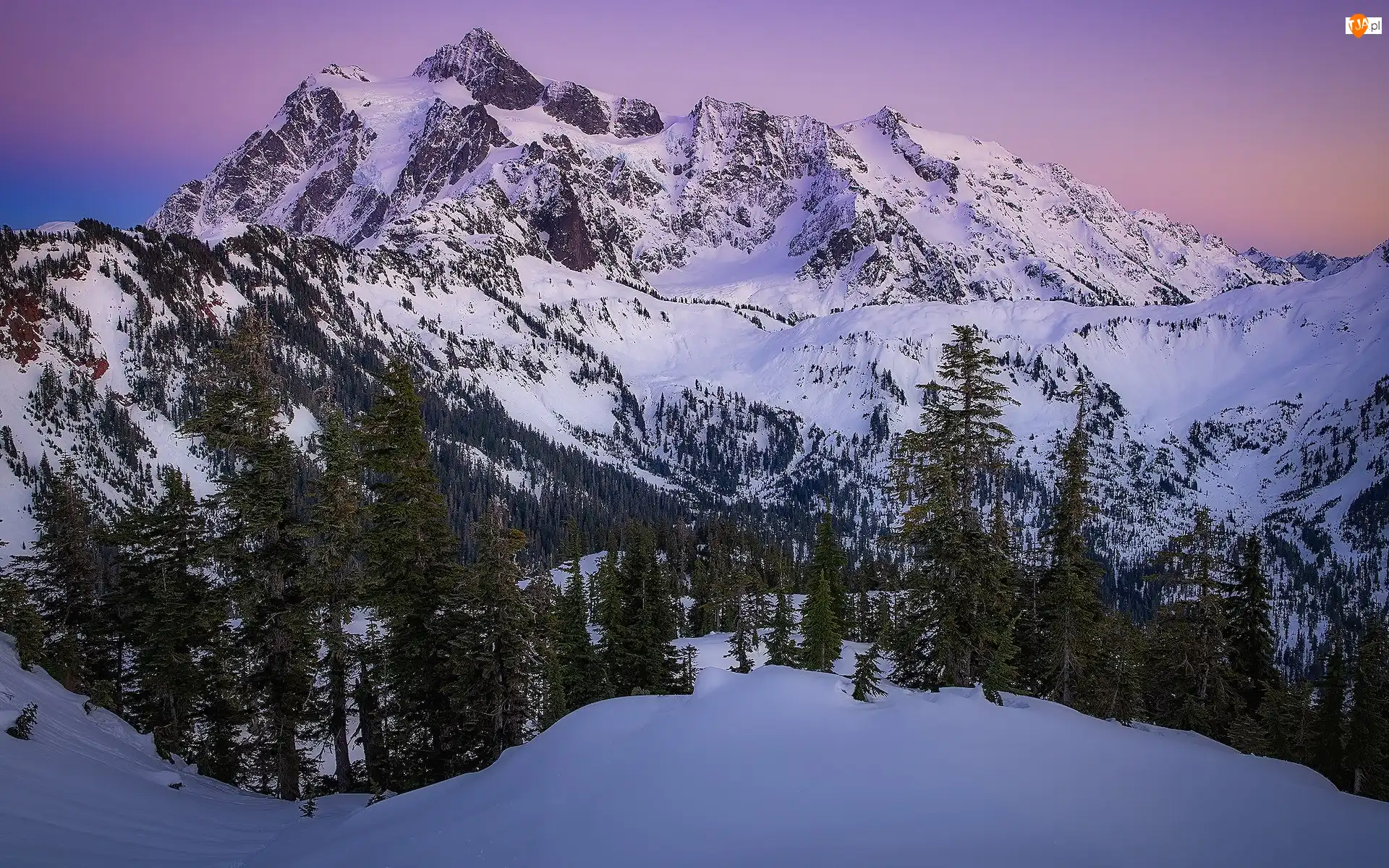 Park Narodowy Północnych Gór Kaskadowych, Góry Kaskadowe, Śnieg, Stan Waszyngton, Mount Shuksan, Drzewa, Stany Zjednoczone, Zima
