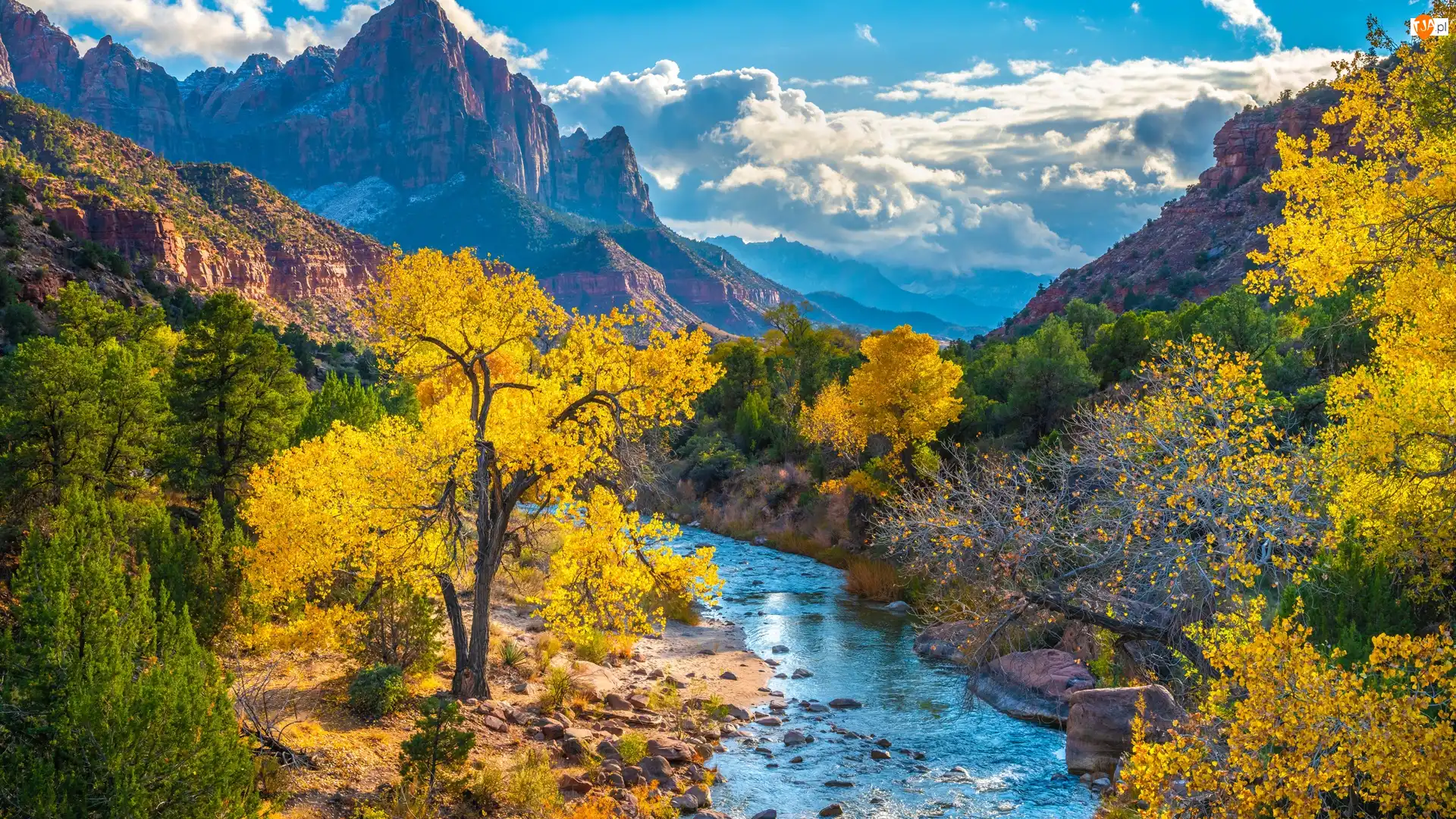 Stany Zjednoczone, Chmury, Park Narodowy Zion, Drzewa, Góry, Jesień, Rzeka, Góra Watchman, Virgin River, Utah