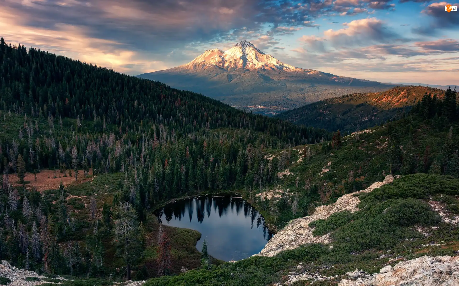 Stany Zjednoczone, Drzewa, Chmury, Las, Góra, Stratowulkan, Jezioro, Mount Rainier, Tipsoo Lake, Waszyngton