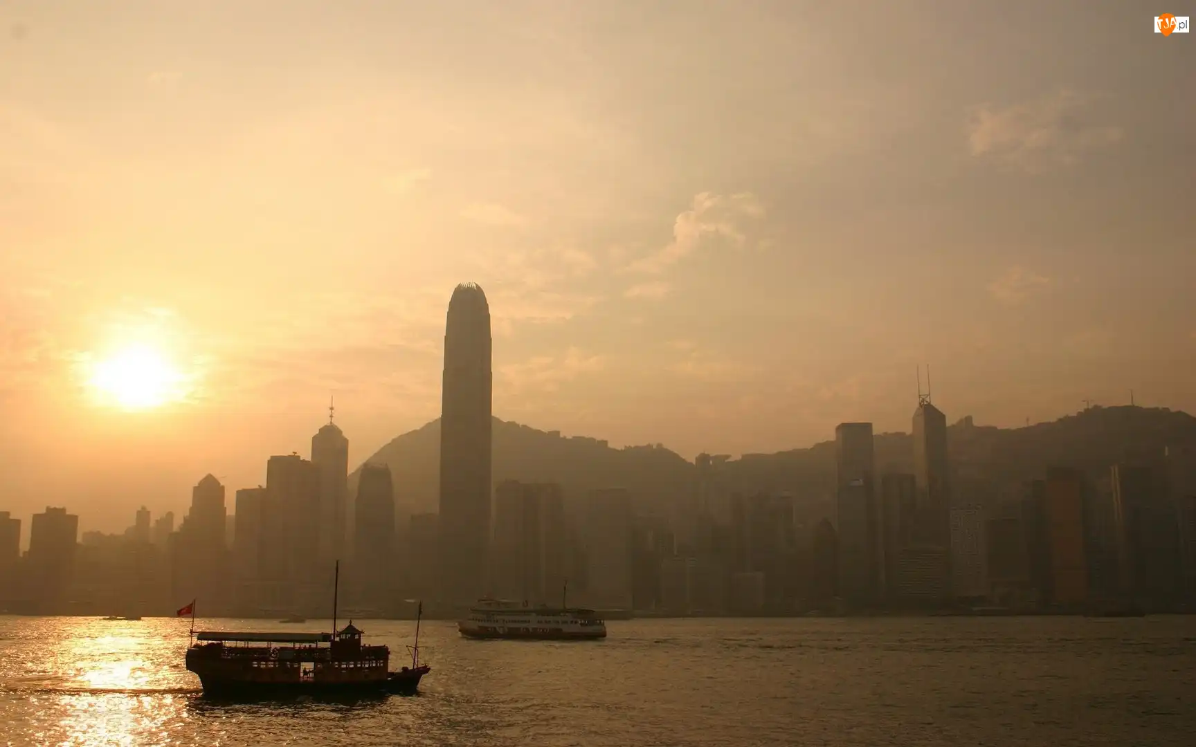 Łodzie, Hong Kong, Miasto, Zachód Słońca