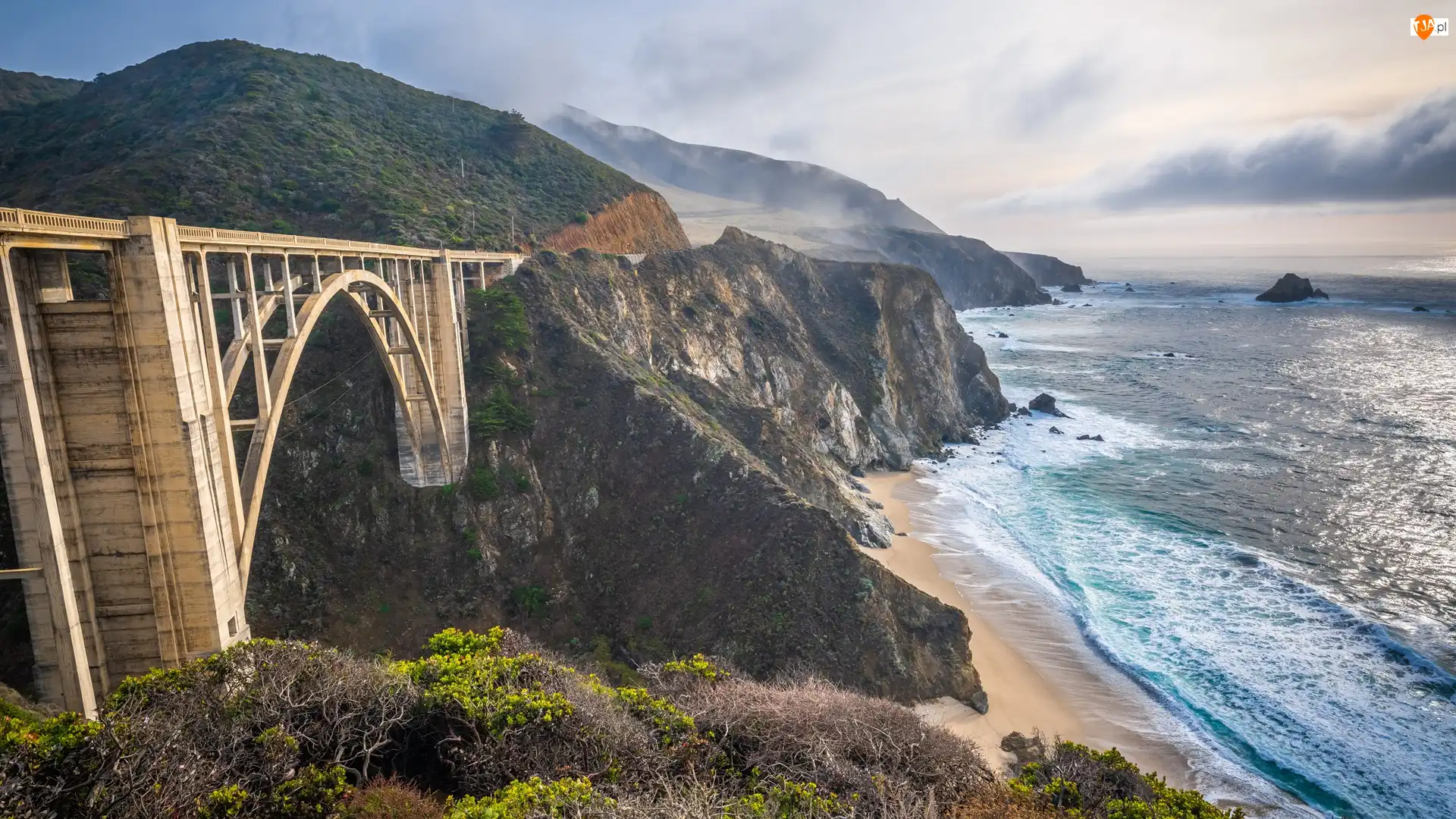 Morze, Most Bixby Creek Bridge, Stany Zjednoczone, Góry, Kalifornia, Region Big Sur, Wybrzeże
