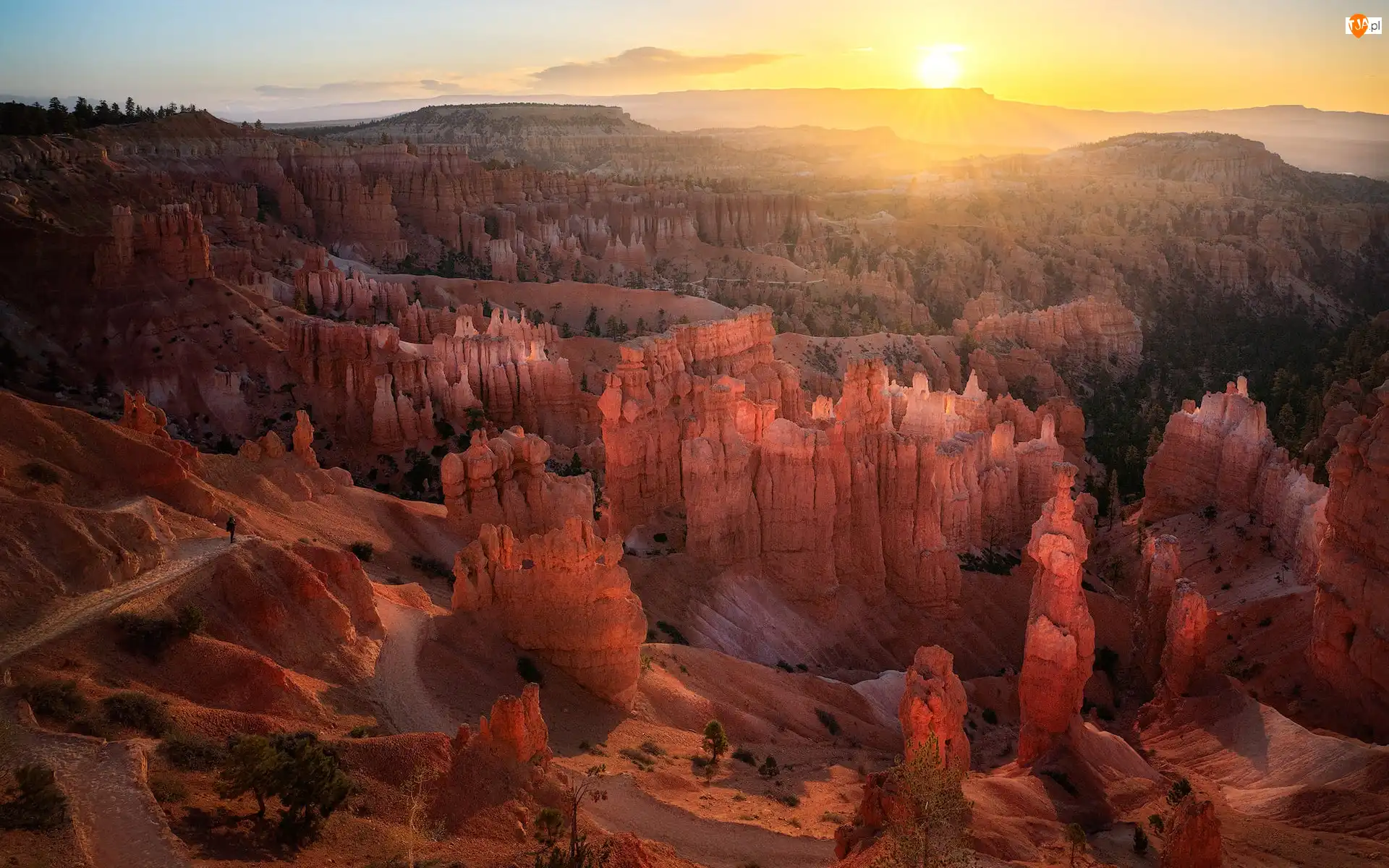Utah, Stany Zjednoczone, Kanion, Wschód słońca, Park Narodowy Bryce Canyon, Skały