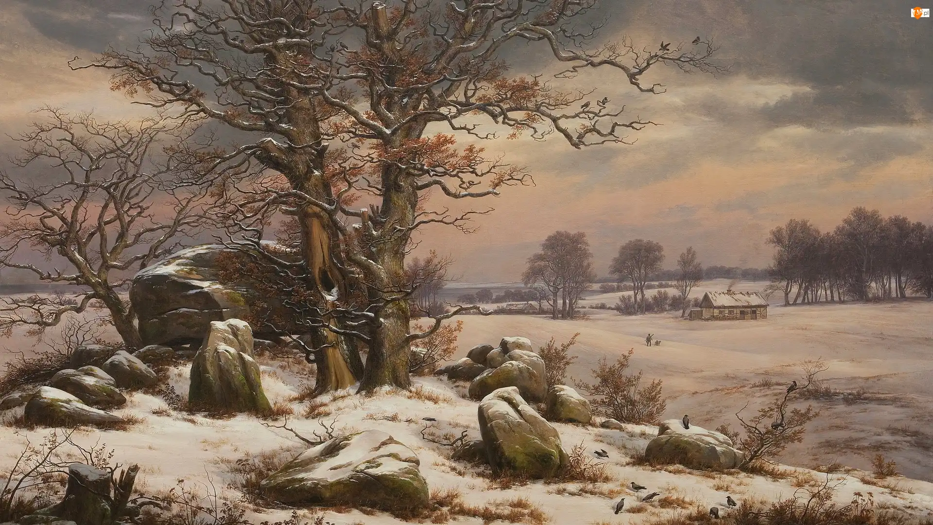 Pies, Pole, Ptaki, Kamienie, Obraz, Malarstwo, Zima, Johan Christian Clausen Dahl, Drzewa, Mężczyzna