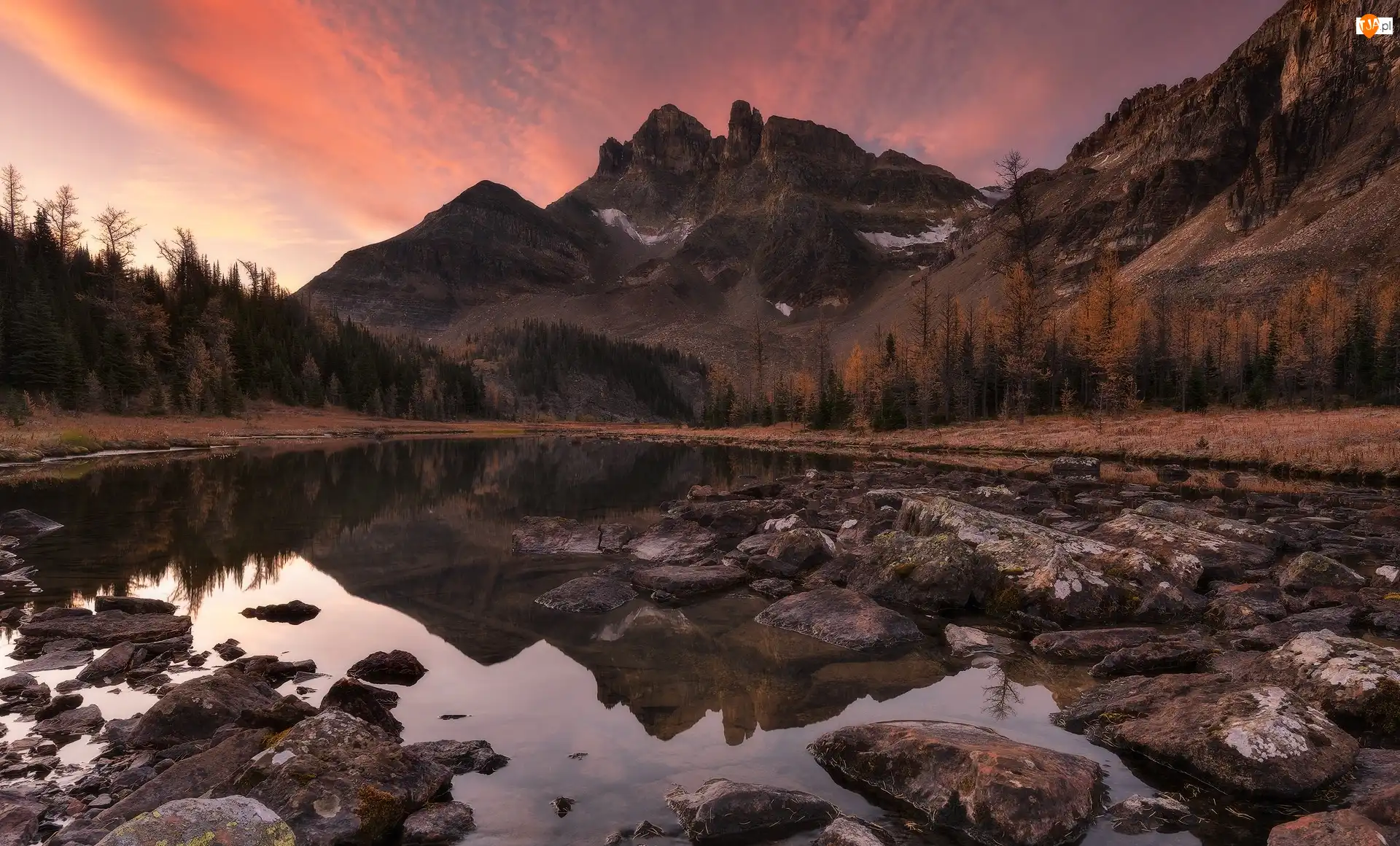 Park prowincjonalny Mount Assiniboine, Góry, Kamienie, Kolumbia Brytyjska, Jezioro, Drzewa, Kanada, Gog Lake