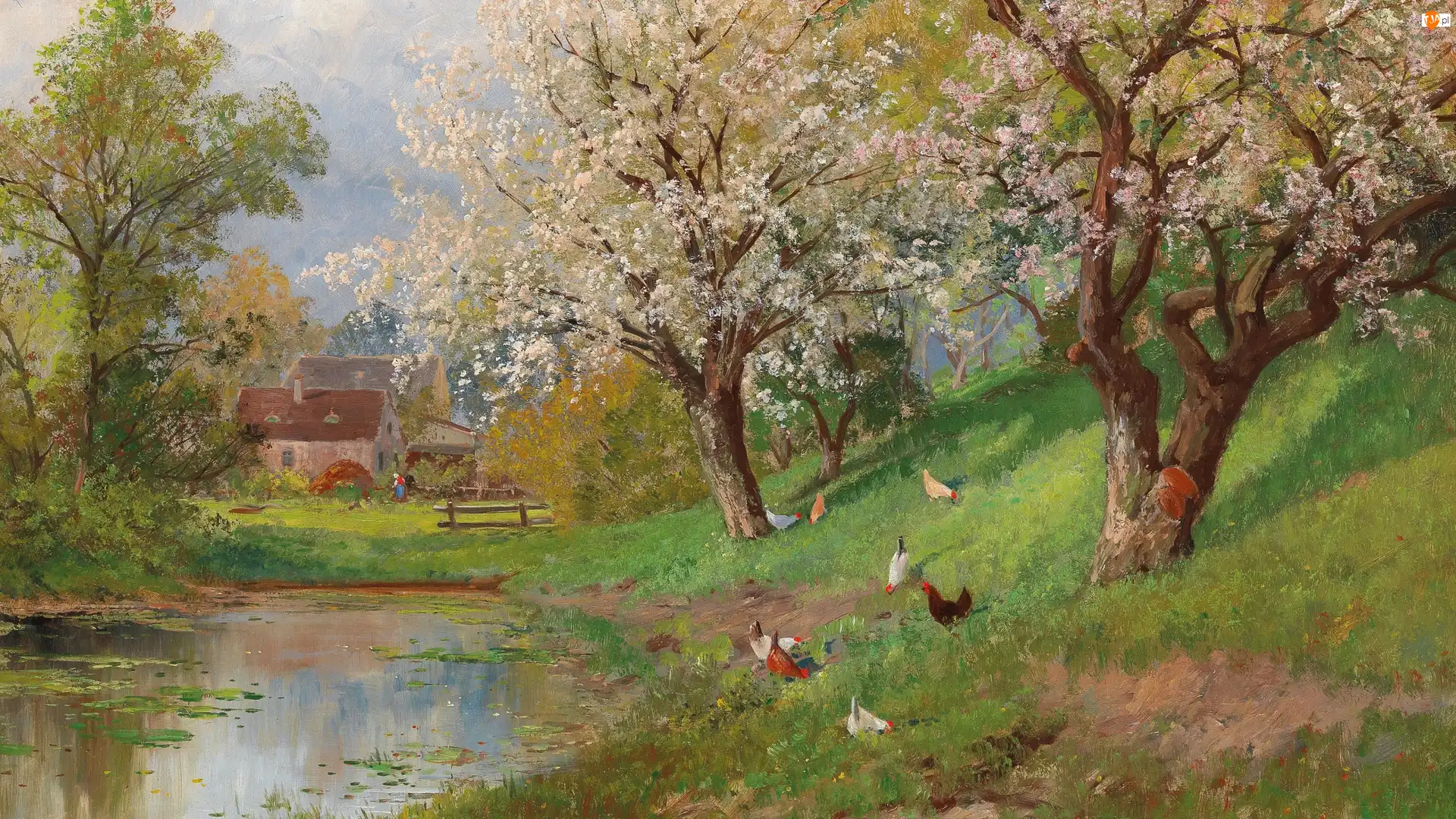 Zabudowania, Reprodukcja obrazu, Wiosna, Drzewa, Alois Arnegger, Kury, Staw, Wieś